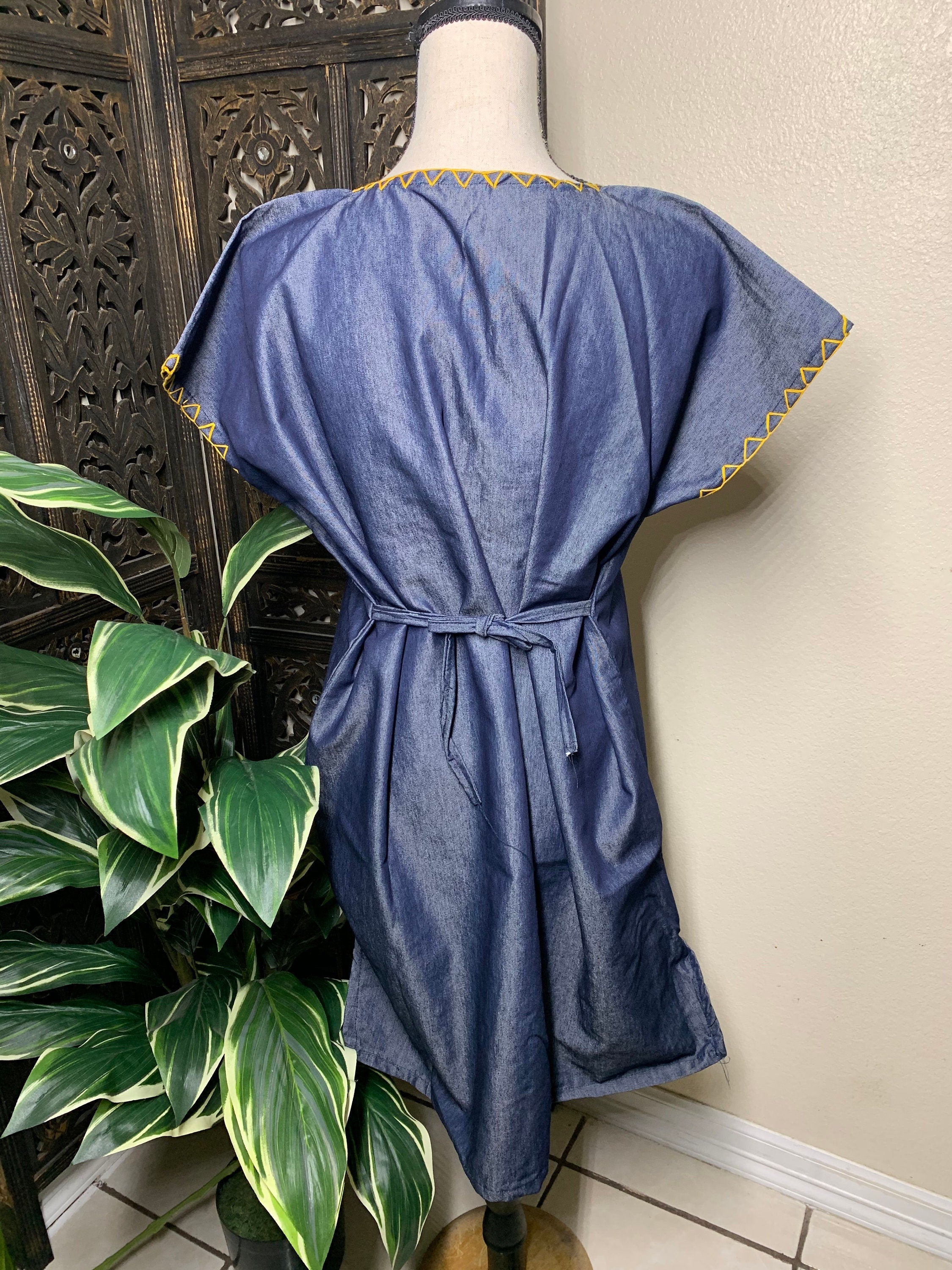 Image of Hand Embroidered Denim Dress - Artisan Made Denim Floral Dress