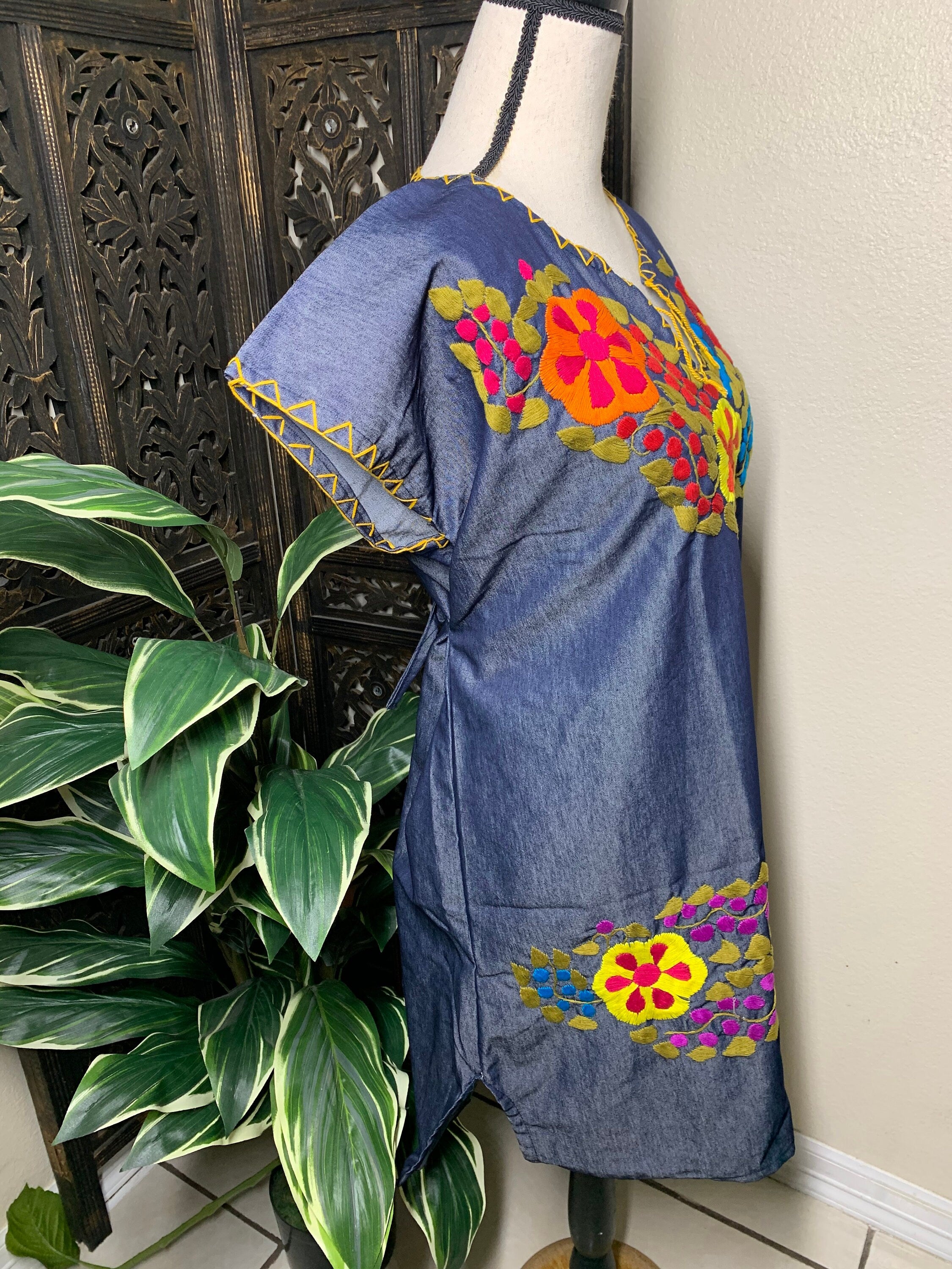 Hand Embroidered Denim Dress - Artisan Made Denim Floral Dress