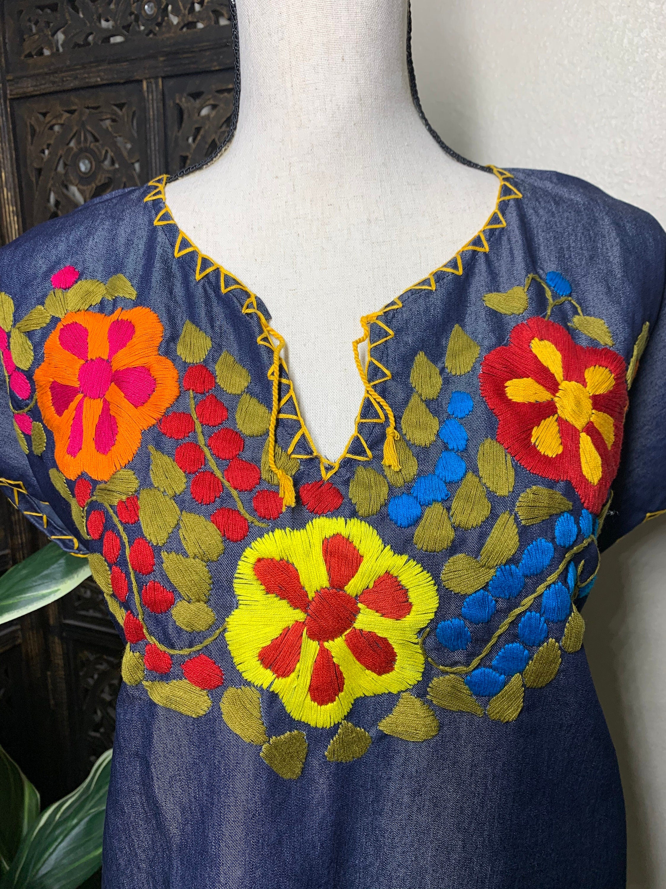 Hand Embroidered Denim Dress - Artisan Made Denim Floral Dress