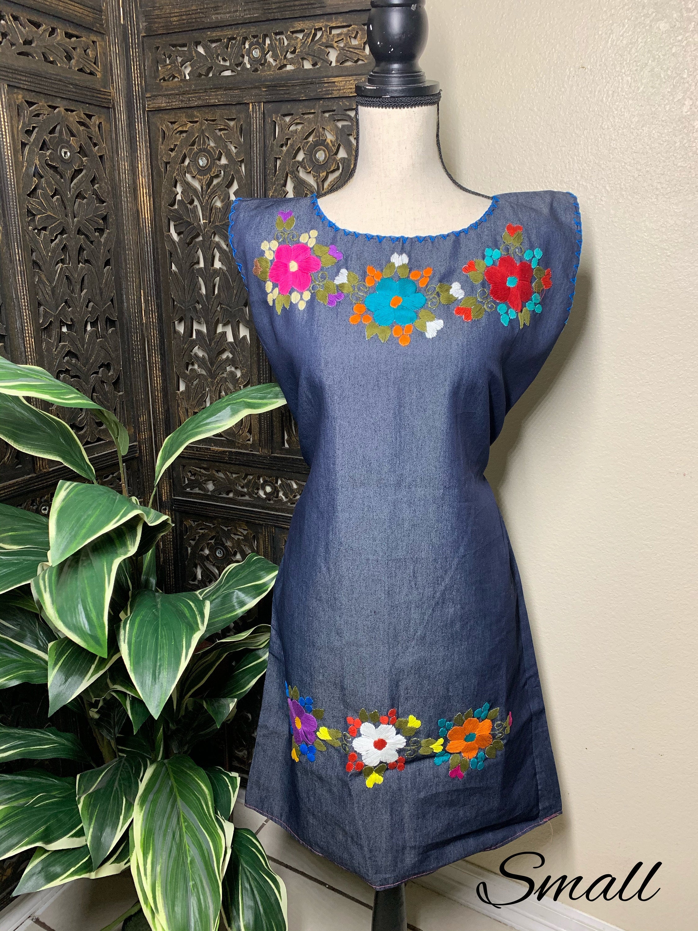 Image of Hand Embroidered Denim Dress - Artisan Made Denim Floral Dress