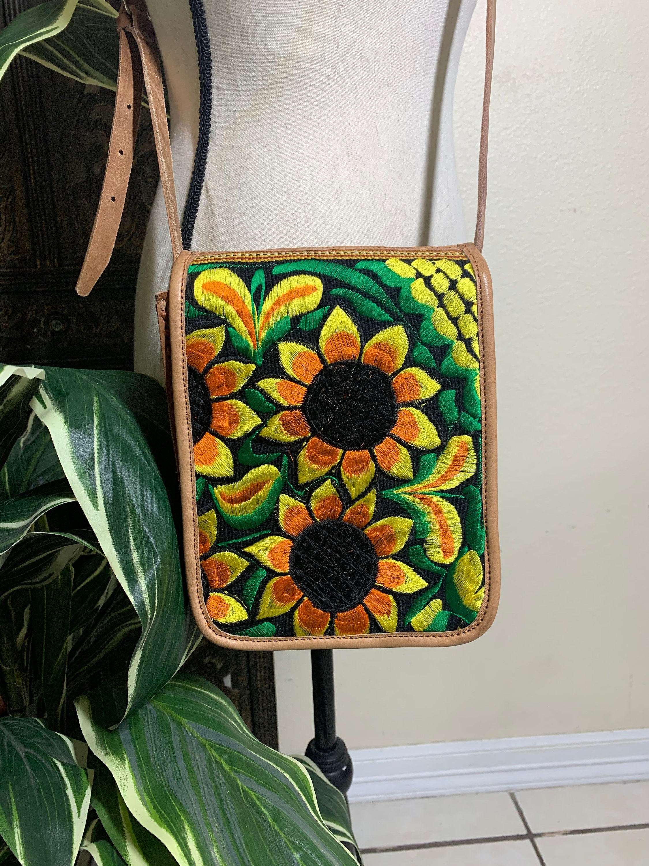 Embroidered Genuine Leather Bag - Handmade Sunflower Side Bag