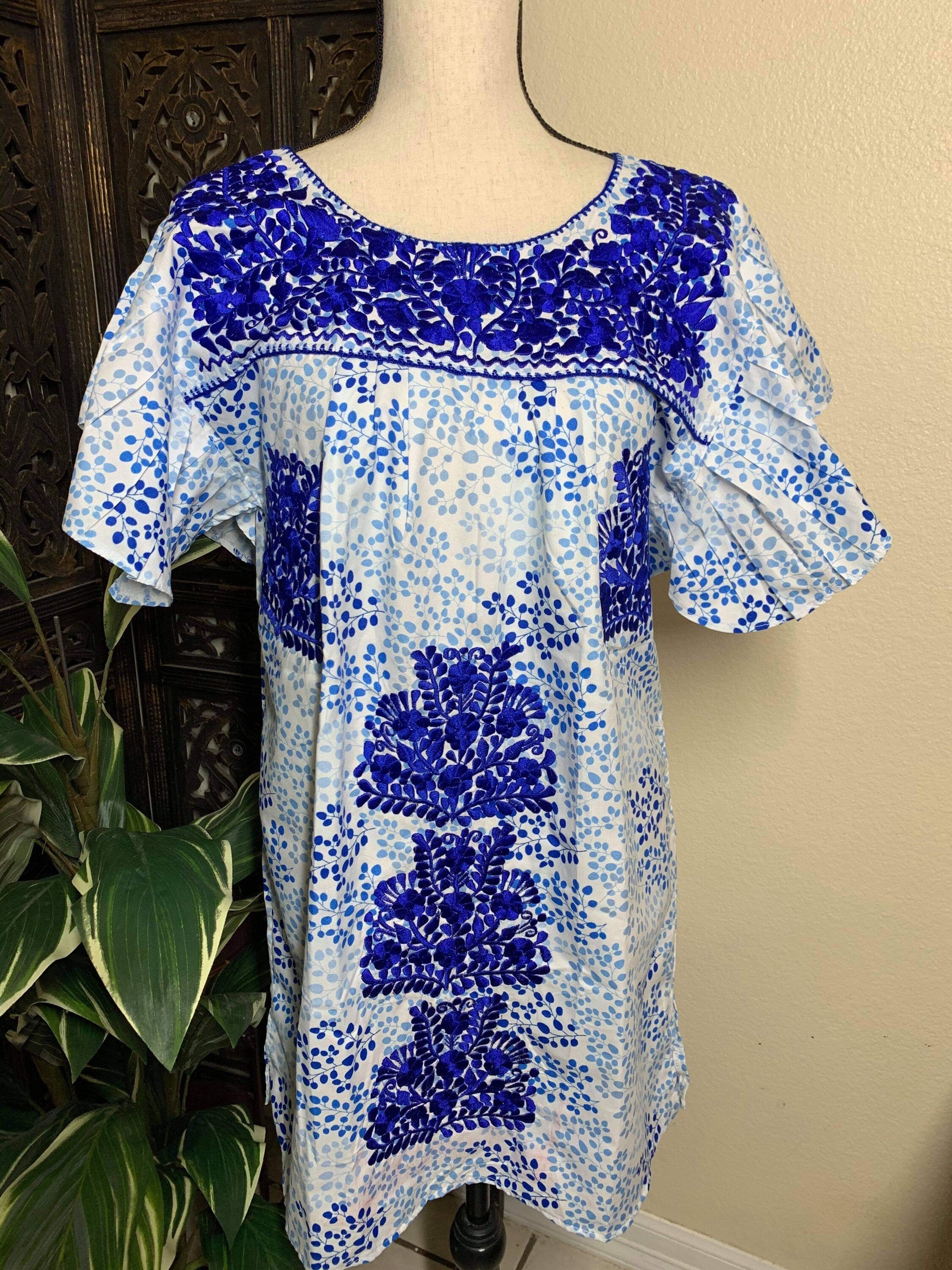 Image of Beautiful Floral Embroidered Loose Fit Dress - Handmade Blue Embroidered Mexican Dress - Artisan Made Dress