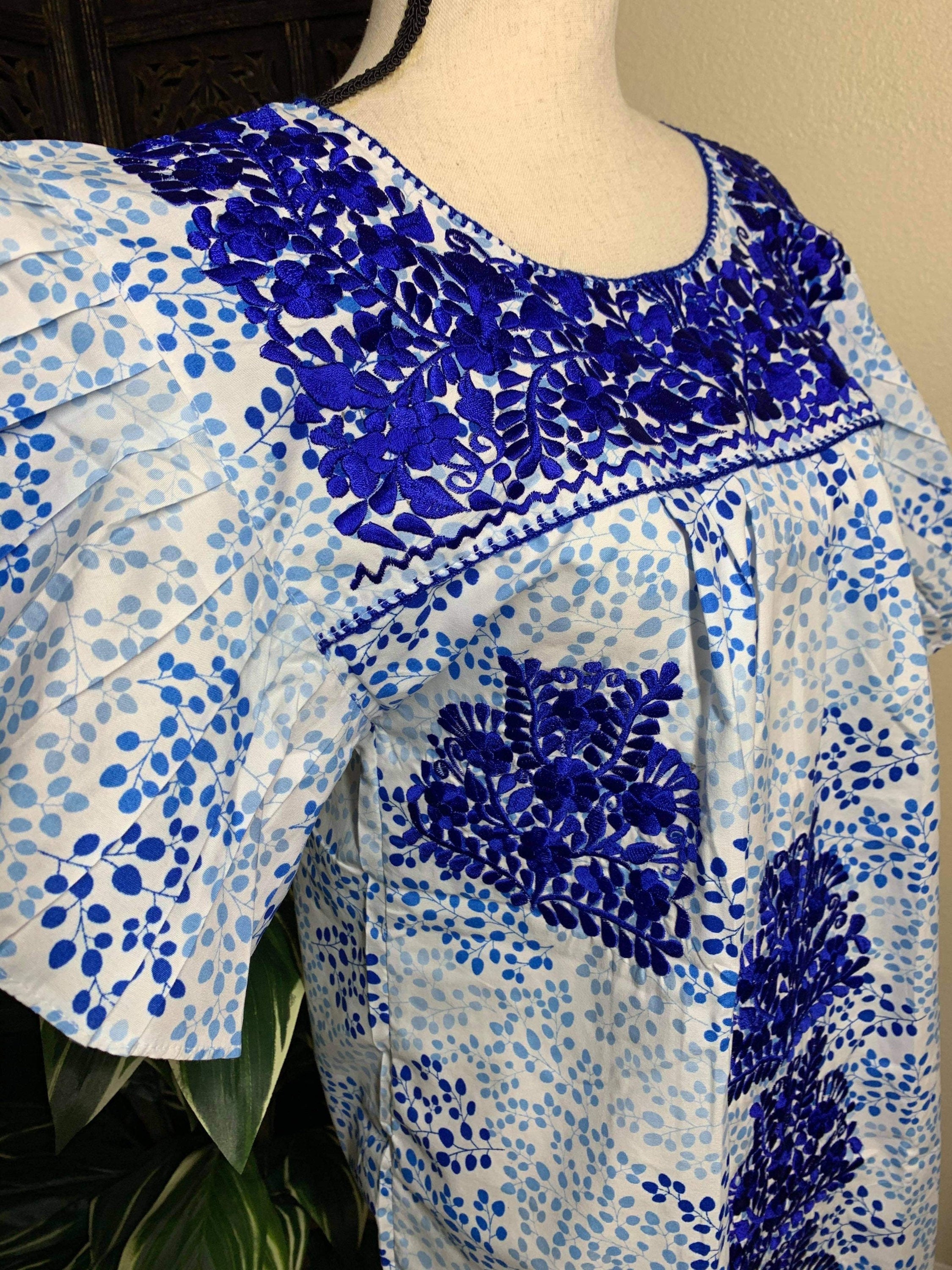 Image of Beautiful Floral Embroidered Loose Fit Dress - Handmade Blue Embroidered Mexican Dress - Artisan Made Dress