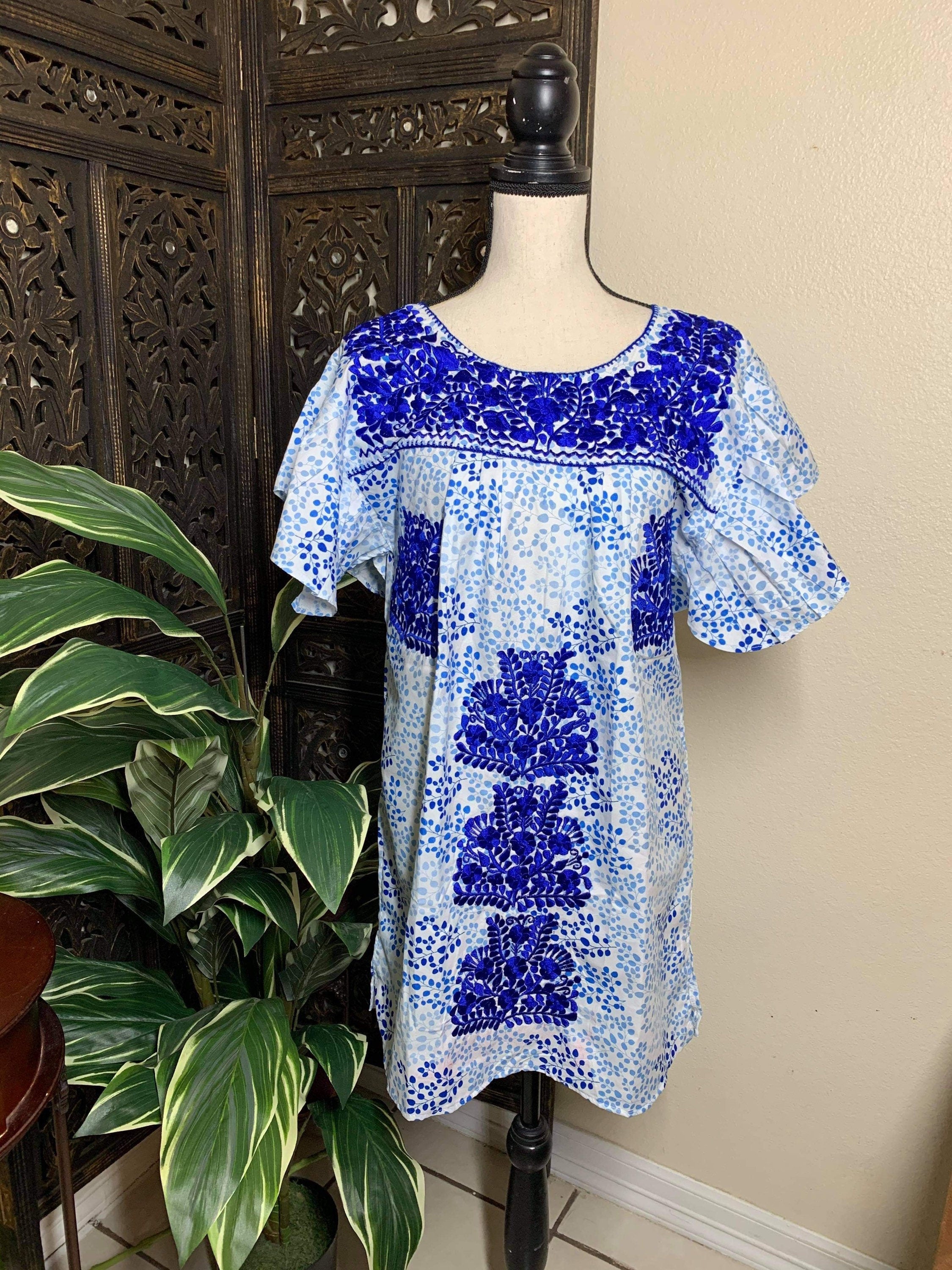 Beautiful Floral Embroidered Loose Fit Dress - Handmade Blue Embroidered Mexican Dress - Artisan Made Dress
