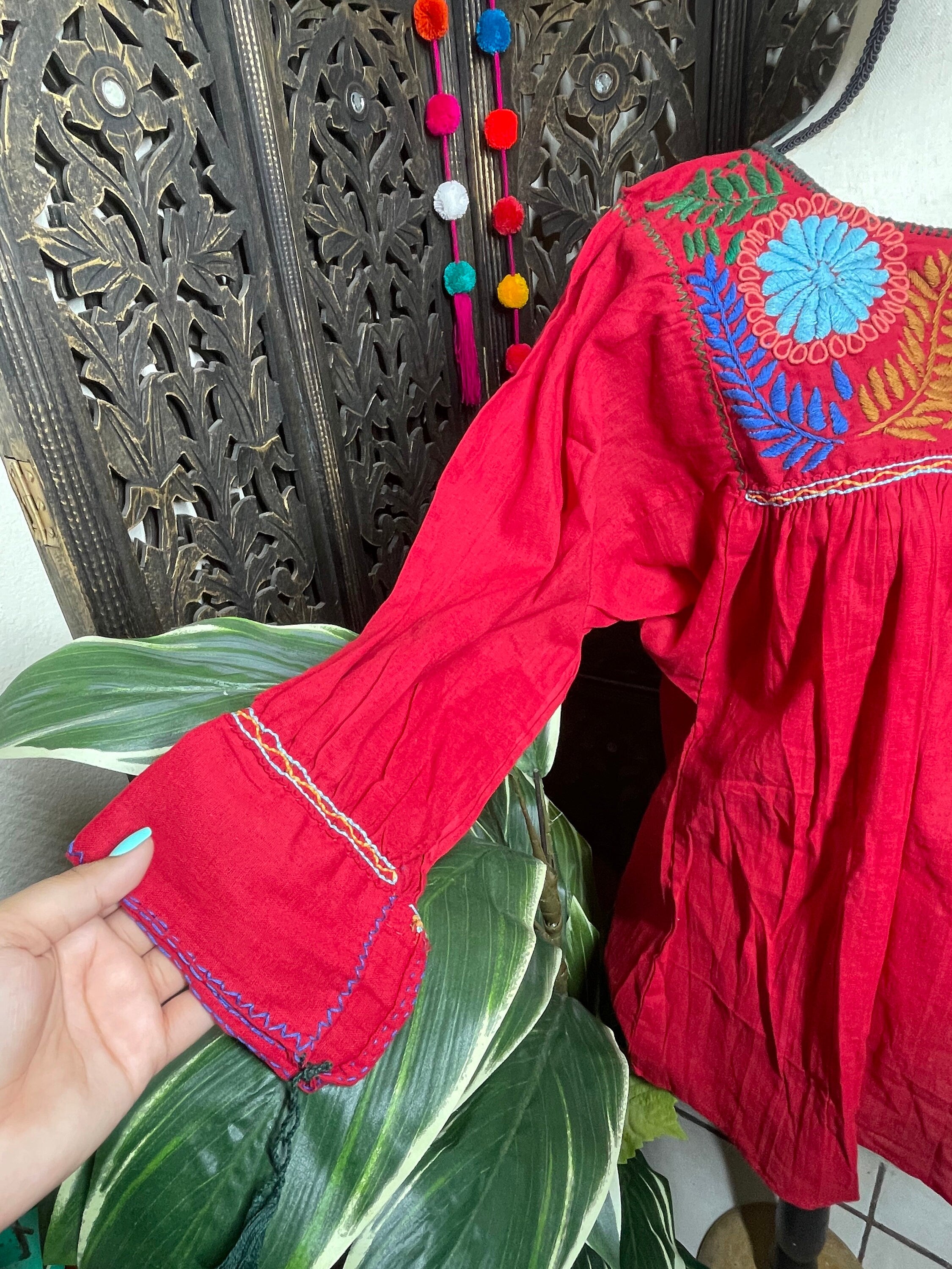 Image of Beautiful Brown Gauze Blouse – Handmade Mexican Top with Colorful Embroidered Flowers