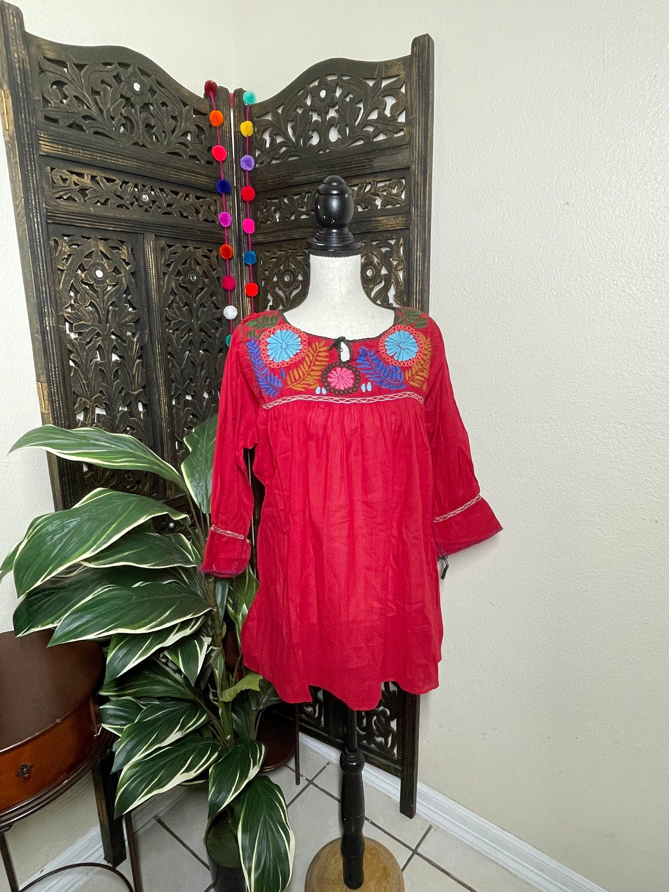 Beautiful Brown Gauze Blouse – Handmade Mexican Top with Colorful Embroidered Flowers