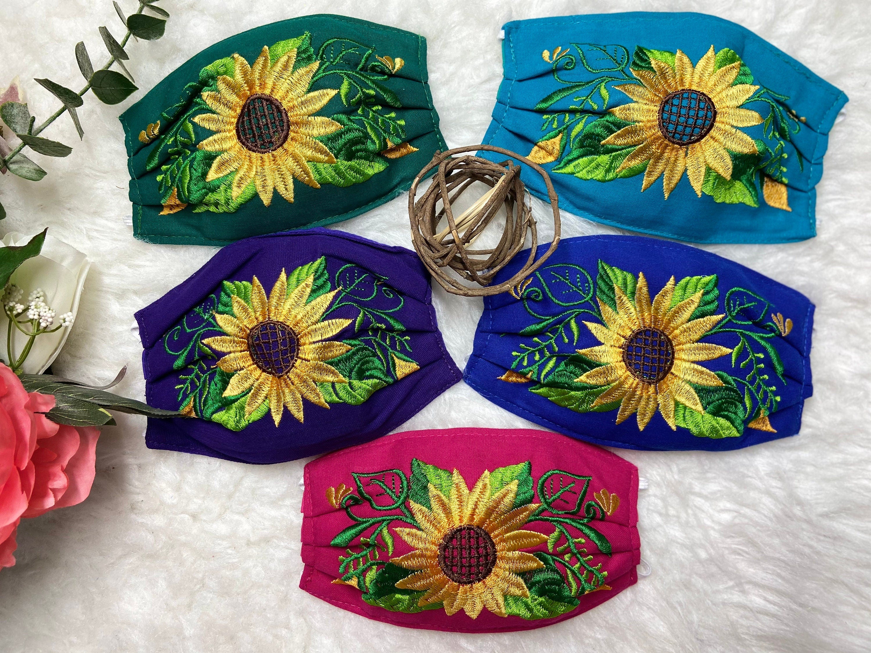 Image of Sunflower Embroidered Artisanal Mask - Handmade Sunflower Mask