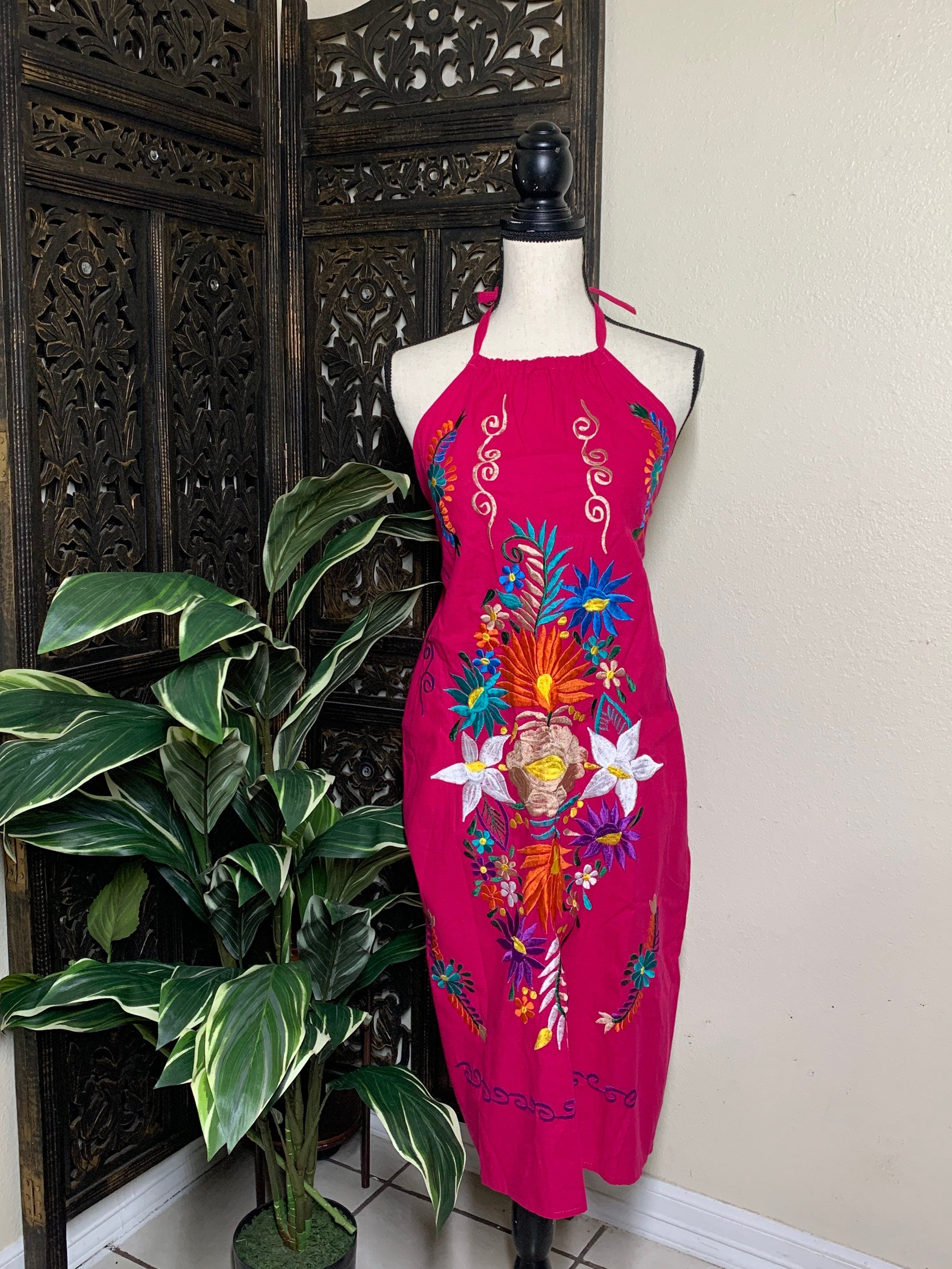 Image of Mexican Halter Dress- Embroidered Artisanal Halter Dress - Mexican Sun Dress Size Small