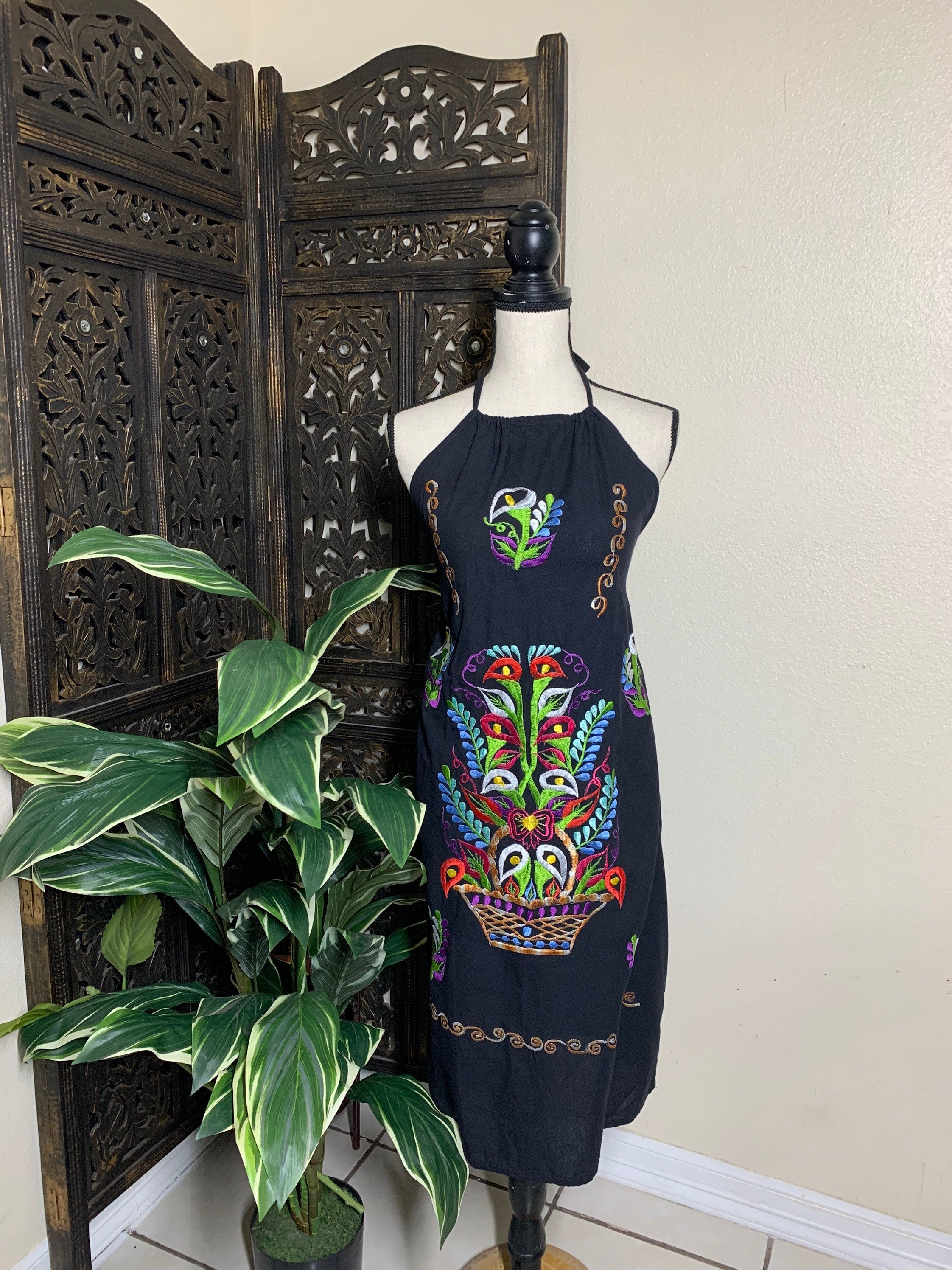 Image of Mexican Halter Dress- Embroidered Artisanal Halter Dress - Mexican Sun Dress Size Small