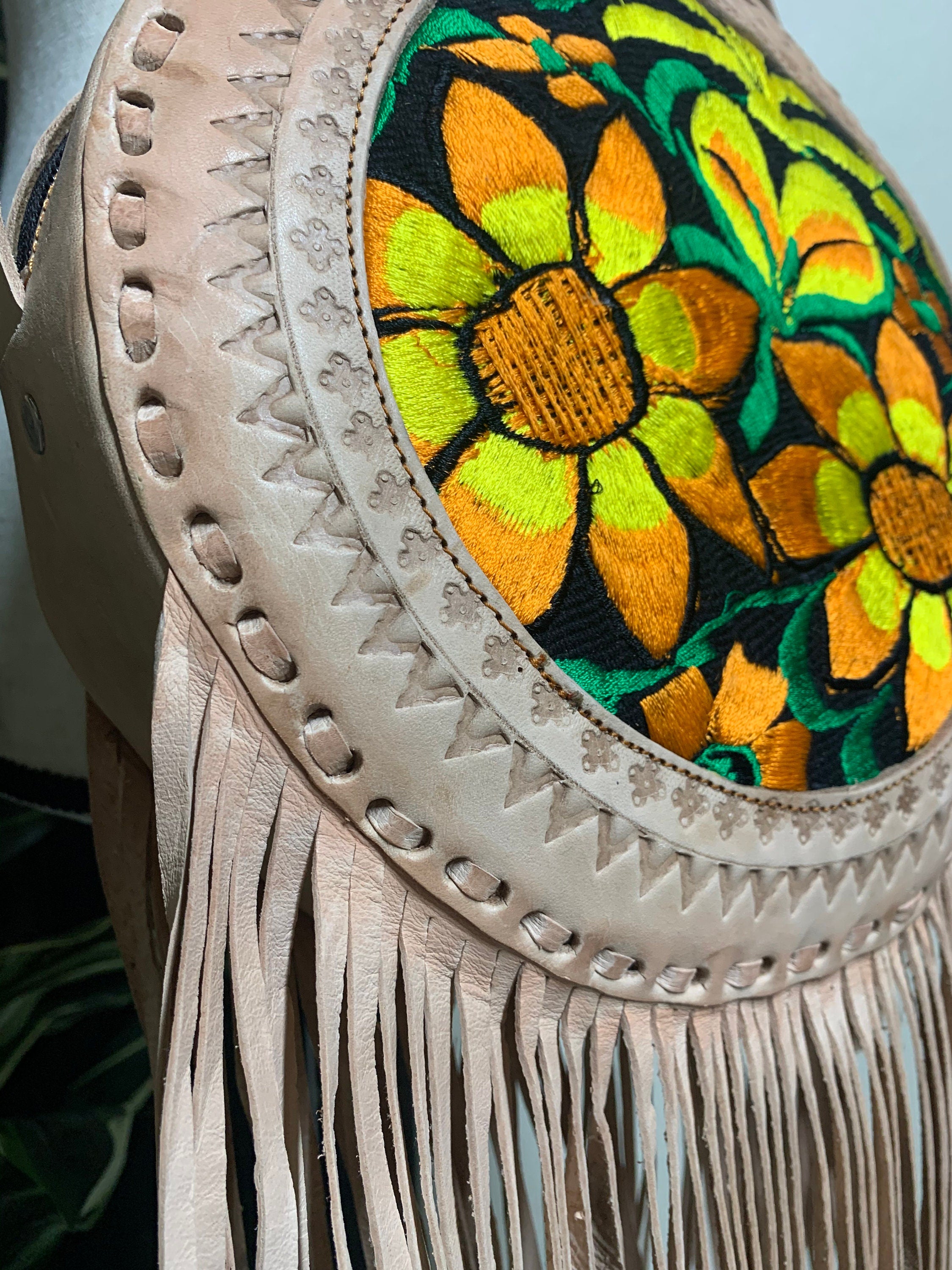 Image of Double Sided Leather Round Purses - Embroidered Genuine Leather Bag