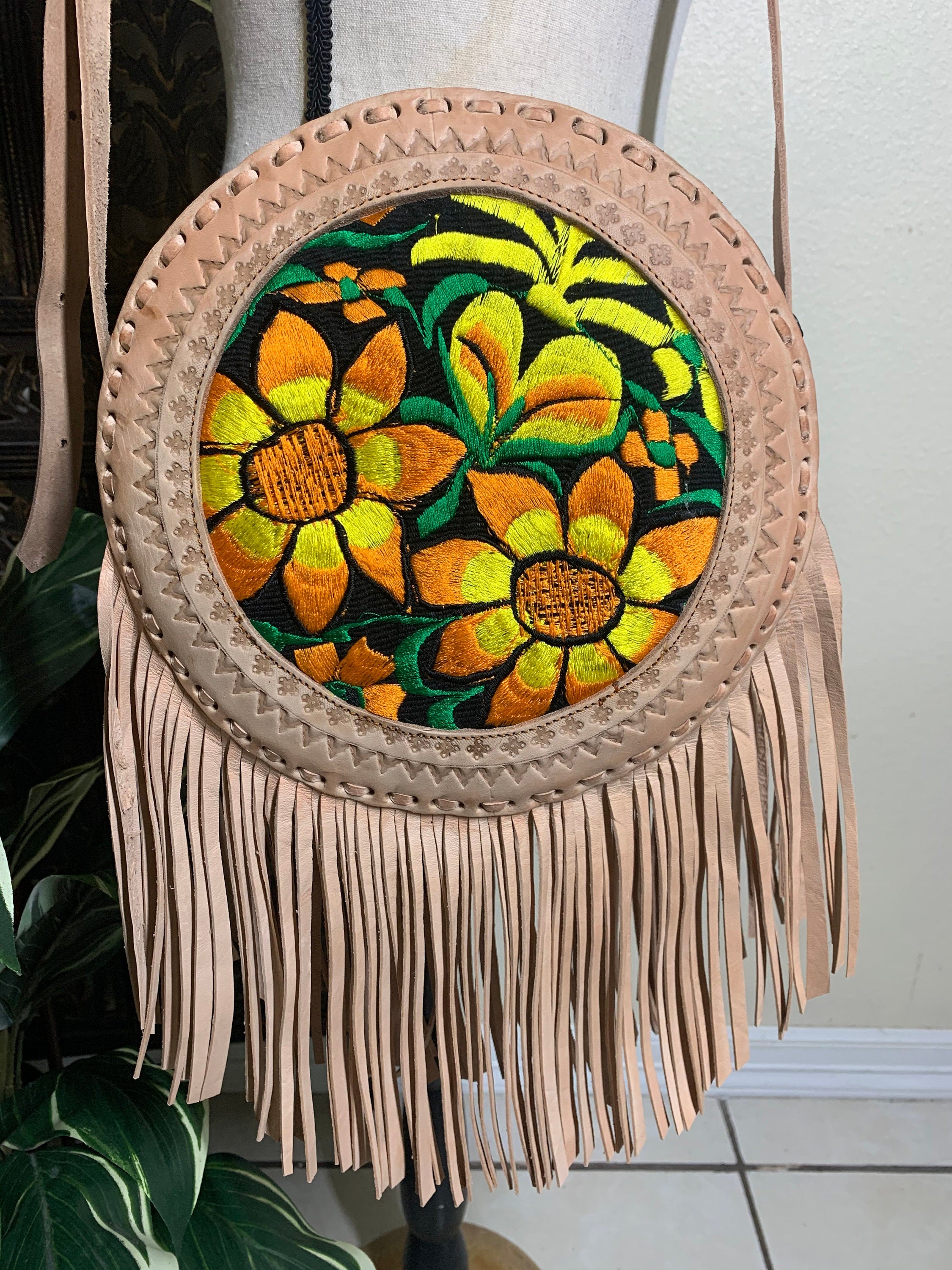 Image of Double Sided Leather Round Purses - Embroidered Genuine Leather Bag