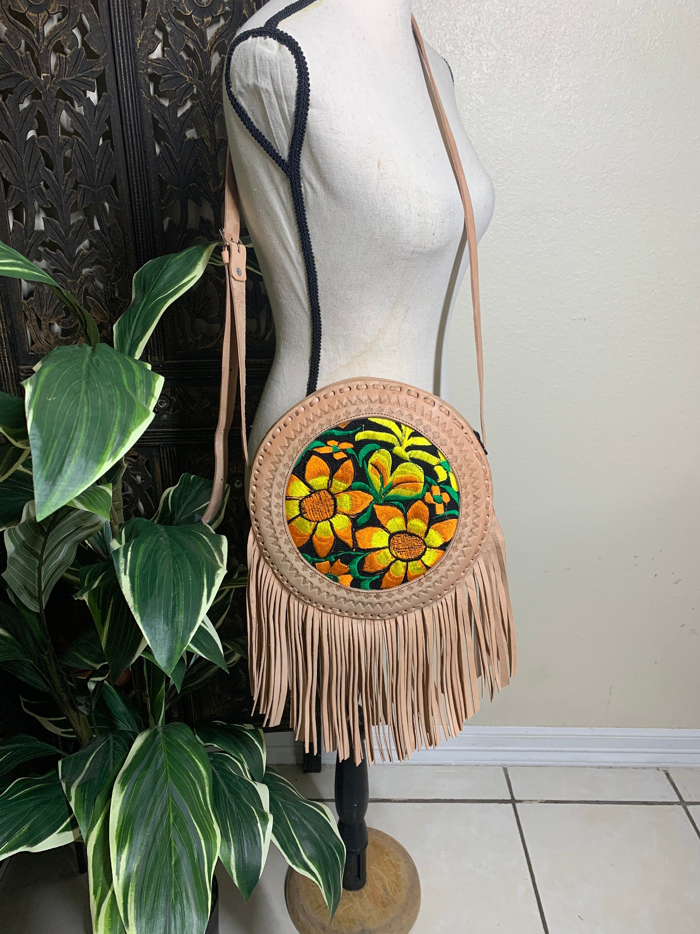 Image of Double Sided Leather Round Purses - Embroidered Genuine Leather Bag