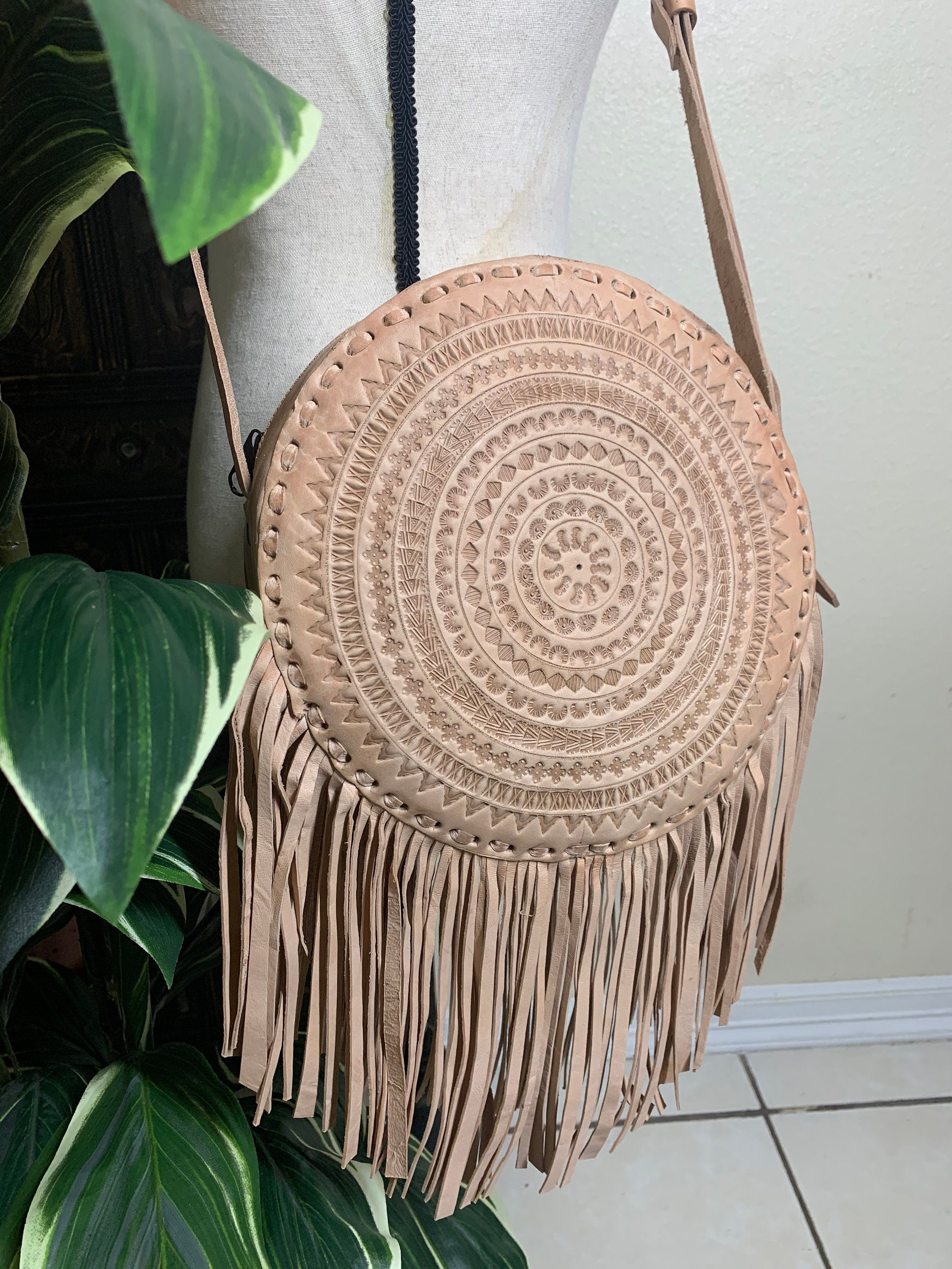 Image of Double Sided Leather Round Purses - Embroidered Genuine Leather Bag