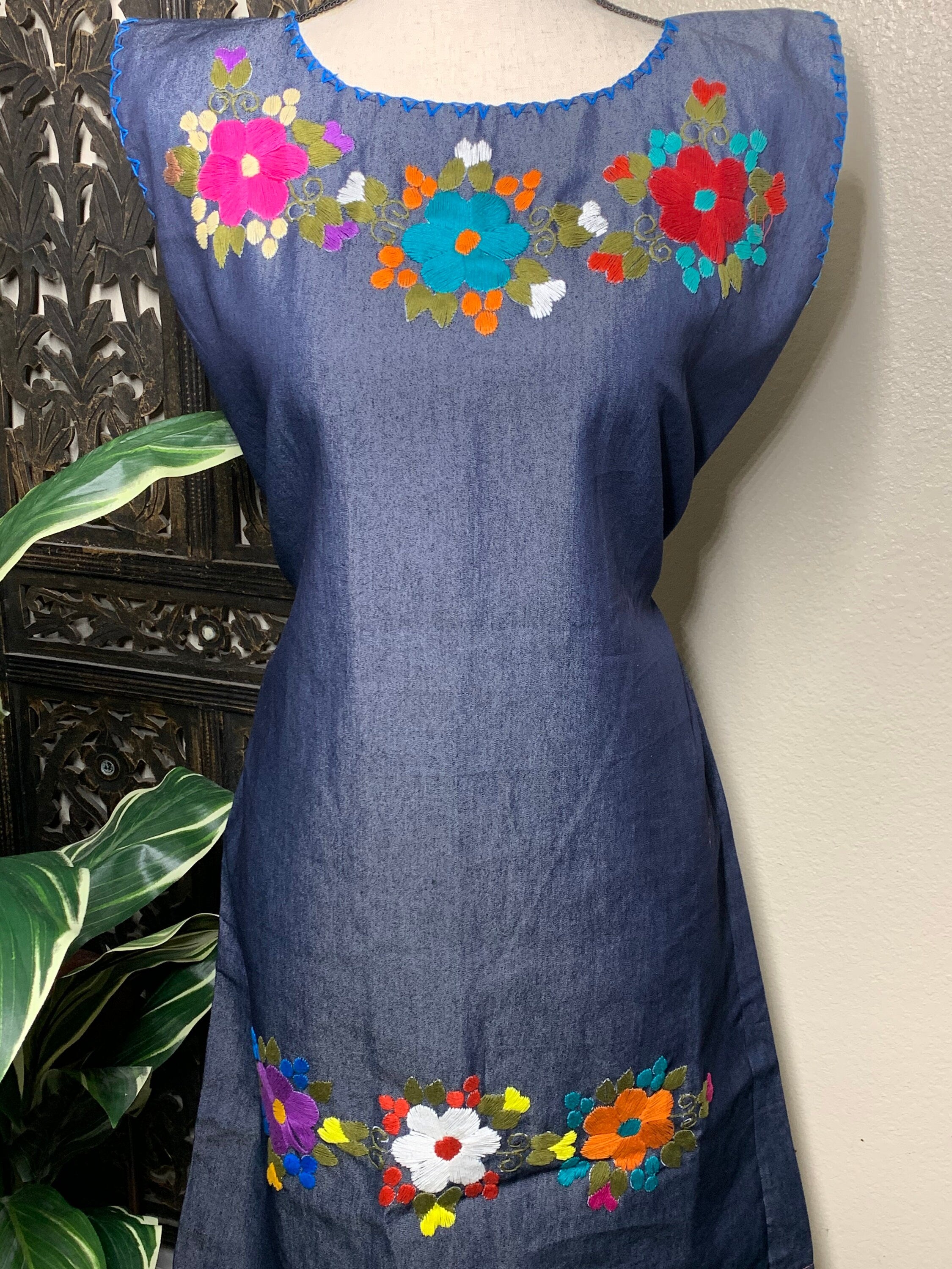Image of Hand Embroidered Denim Dress - Artisan Made Denim Floral Dress