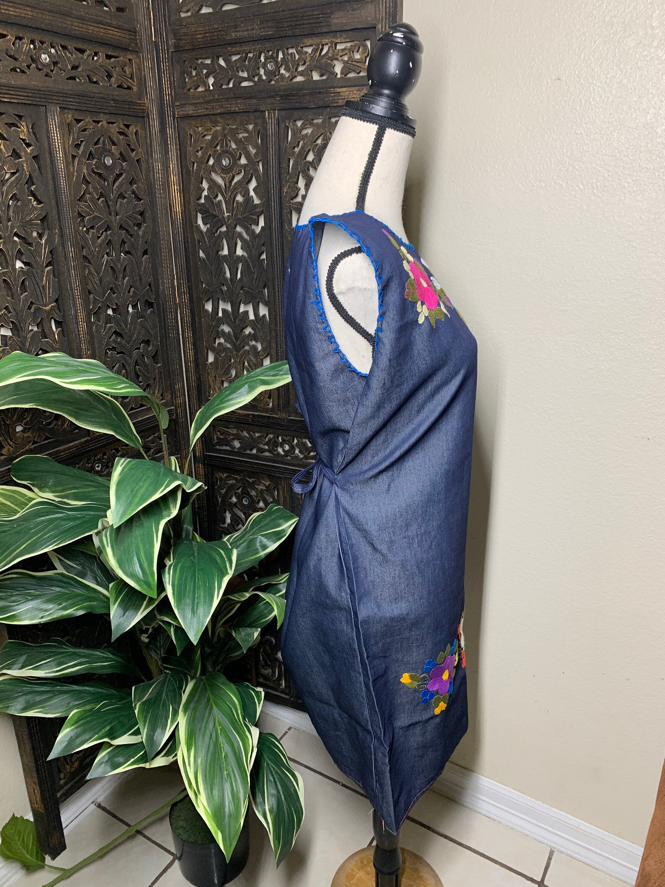 Image of Hand Embroidered Denim Dress - Artisan Made Denim Floral Dress