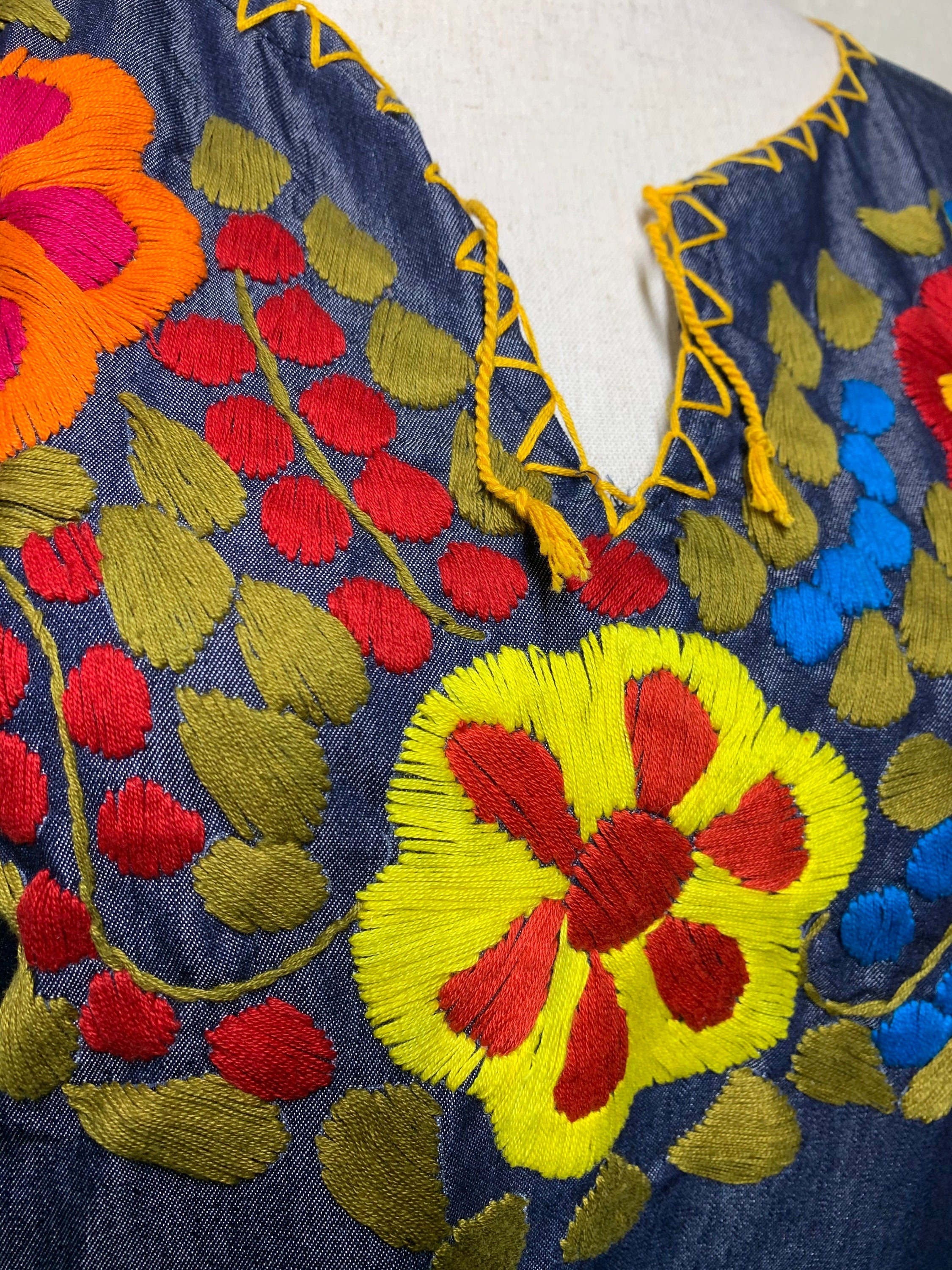 Image of Hand Embroidered Denim Dress - Artisan Made Denim Floral Dress