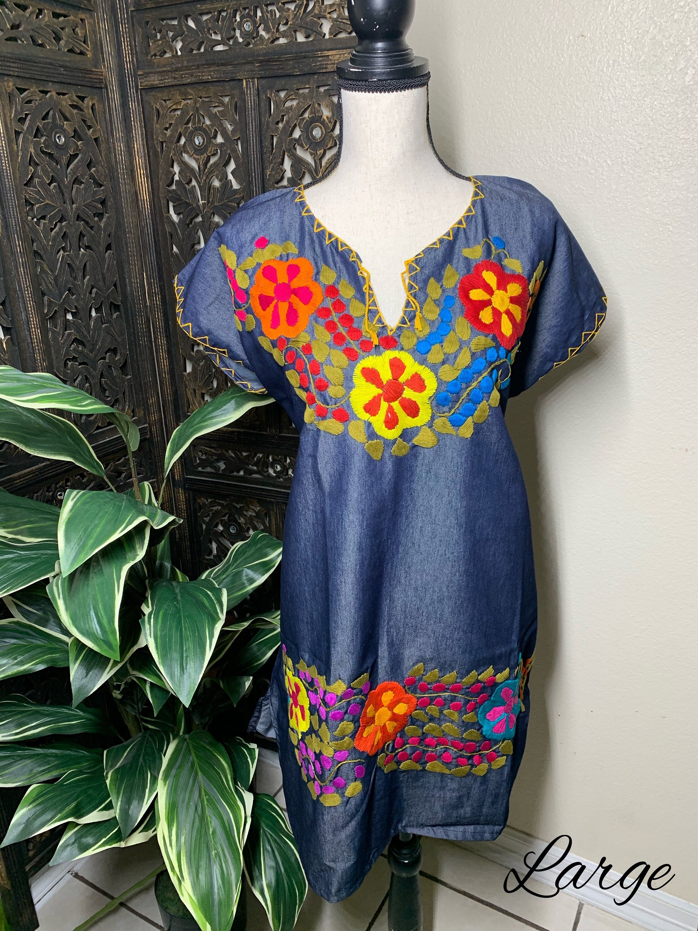 Image of Hand Embroidered Denim Dress - Artisan Made Denim Floral Dress