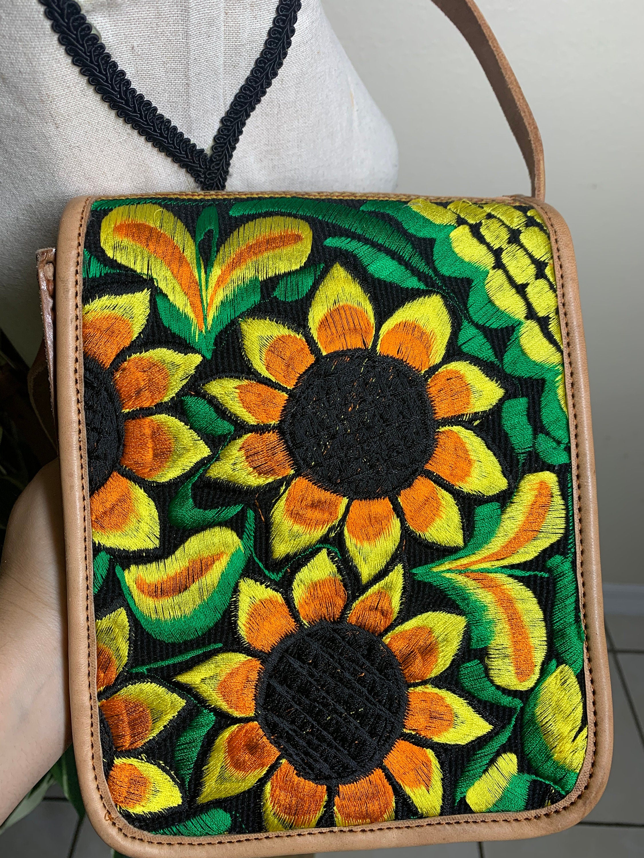 Image of Embroidered Genuine Leather Bag - Handmade Sunflower Side Bag