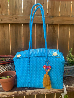 Image of Handwoven Recycled Sky Blue Shoulder Bag - Artisan Made Purse from Chiapas, Mexico