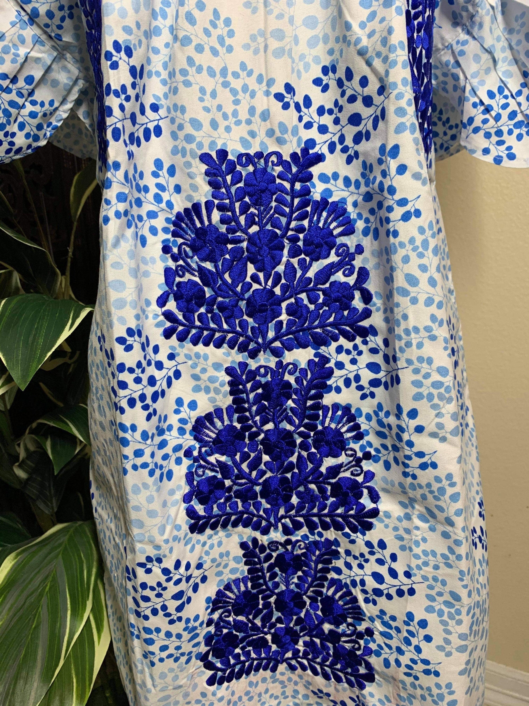 Image of Beautiful Floral Embroidered Loose Fit Dress - Handmade Blue Embroidered Mexican Dress - Artisan Made Dress