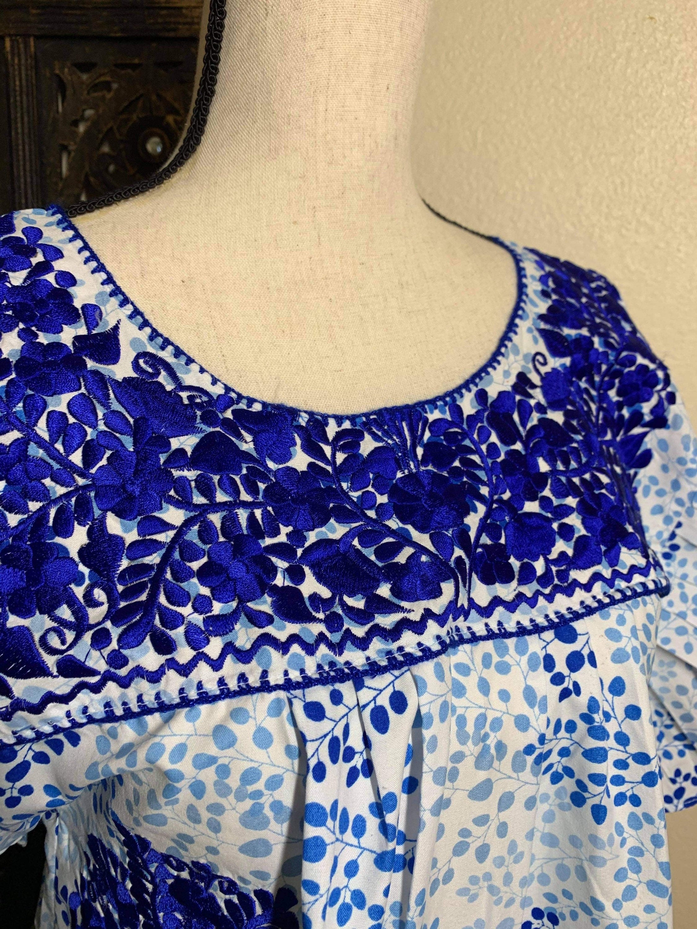Beautiful Floral Embroidered Loose Fit Dress - Handmade Blue Embroidered Mexican Dress - Artisan Made Dress