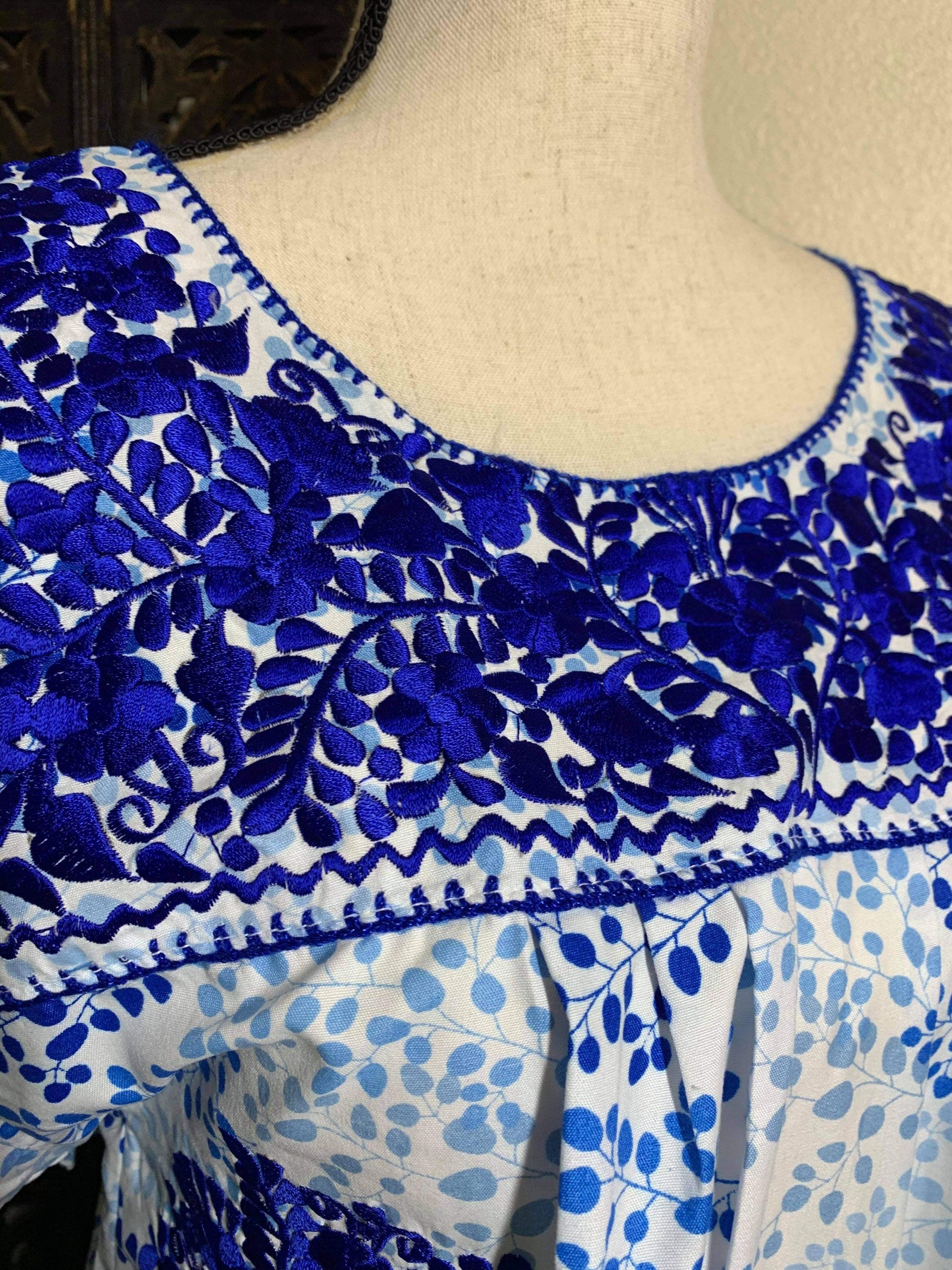 Beautiful Floral Embroidered Loose Fit Dress - Handmade Blue Embroidered Mexican Dress - Artisan Made Dress