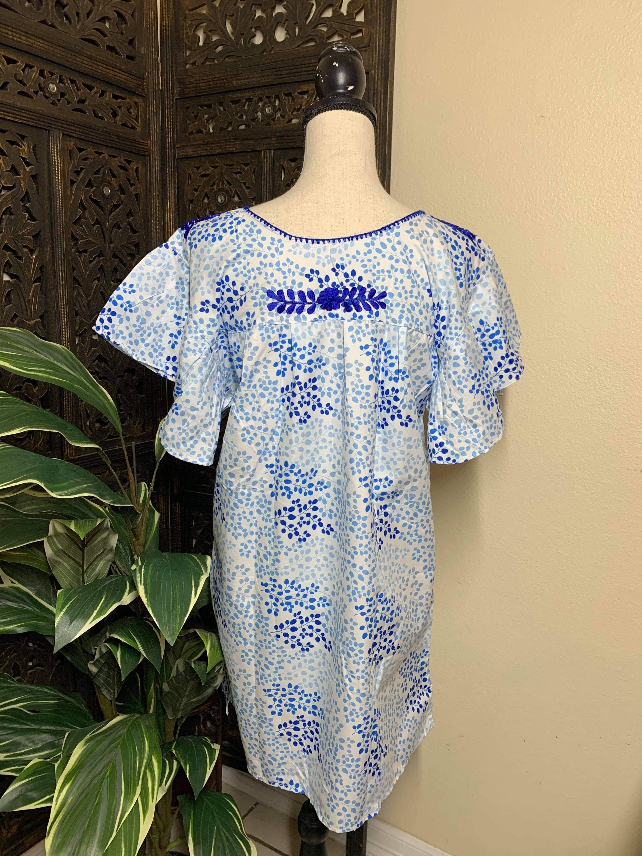 Image of Beautiful Floral Embroidered Loose Fit Dress - Handmade Blue Embroidered Mexican Dress - Artisan Made Dress