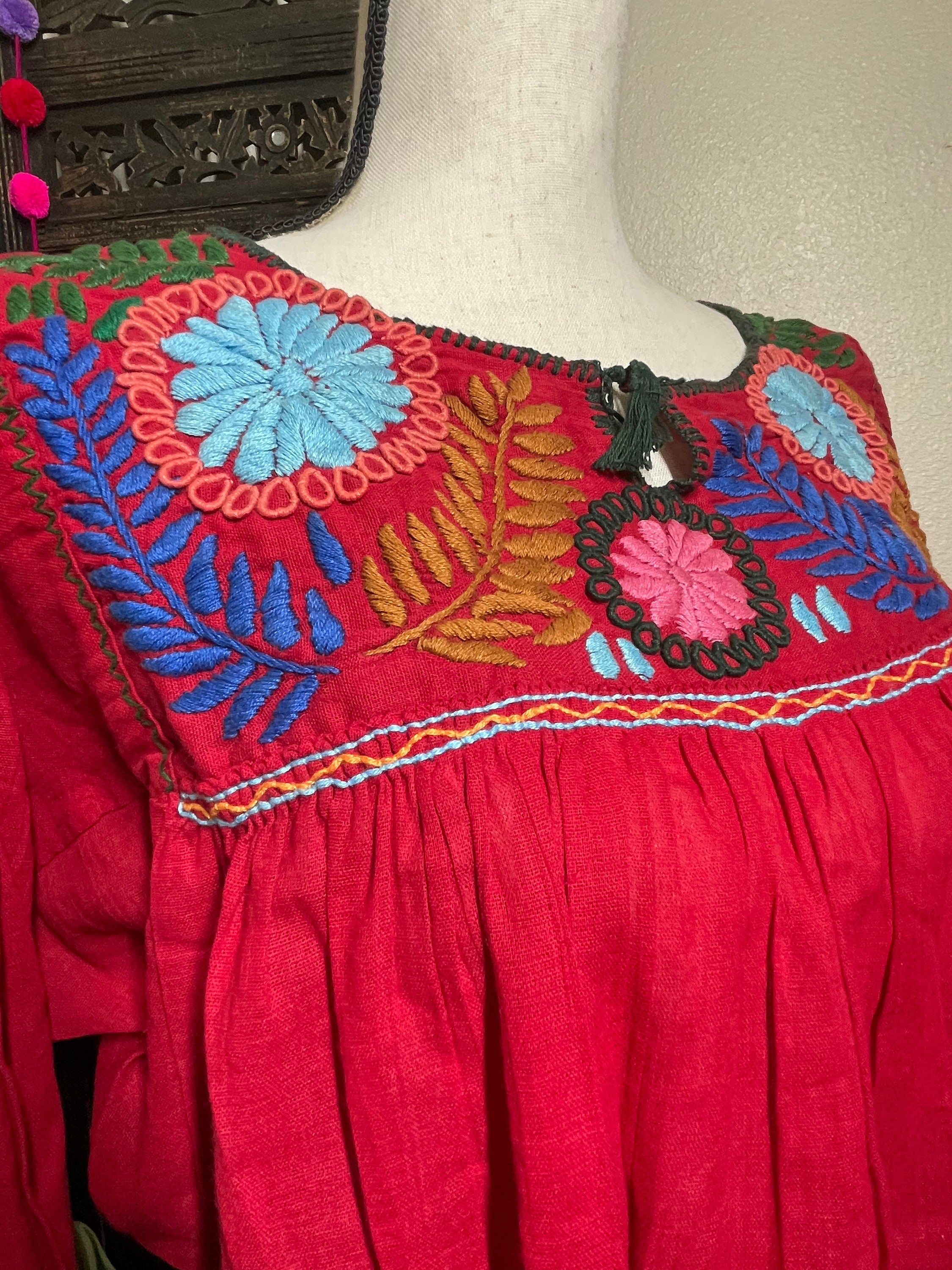 Image of Beautiful Brown Gauze Blouse – Handmade Mexican Top with Colorful Embroidered Flowers