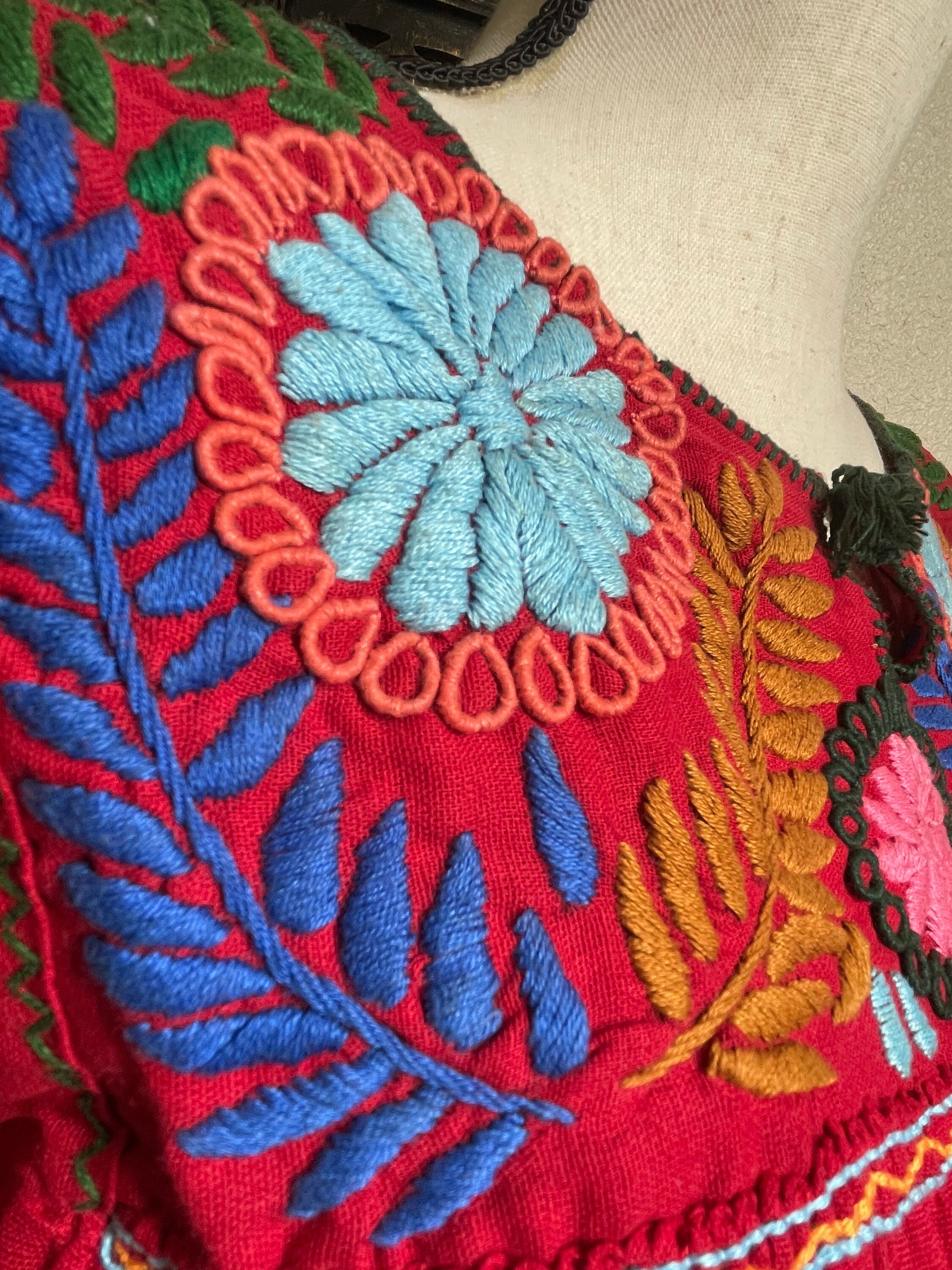 Beautiful Brown Gauze Blouse – Handmade Mexican Top with Colorful Embroidered Flowers