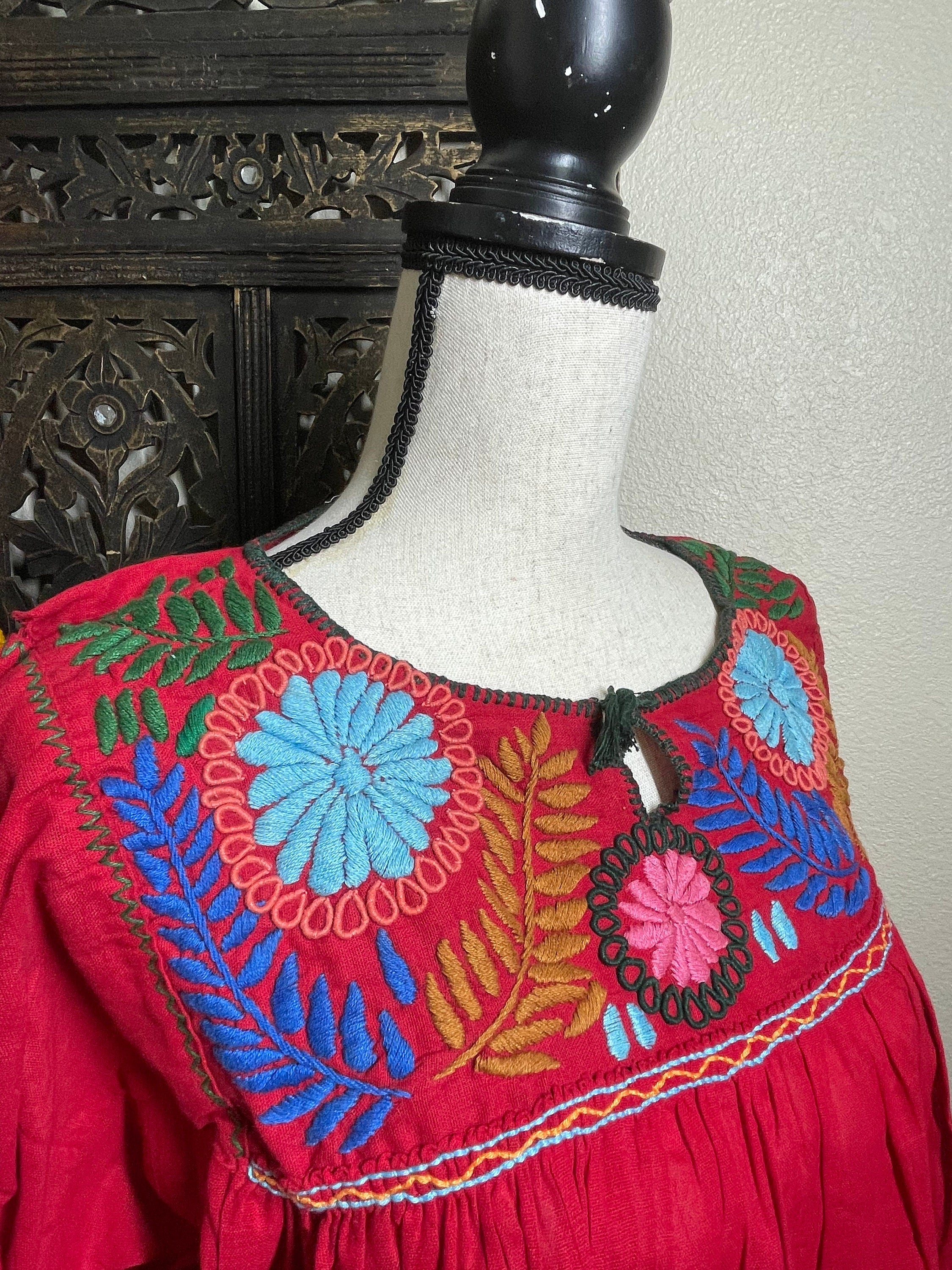 Beautiful Brown Gauze Blouse – Handmade Mexican Top with Colorful Embroidered Flowers