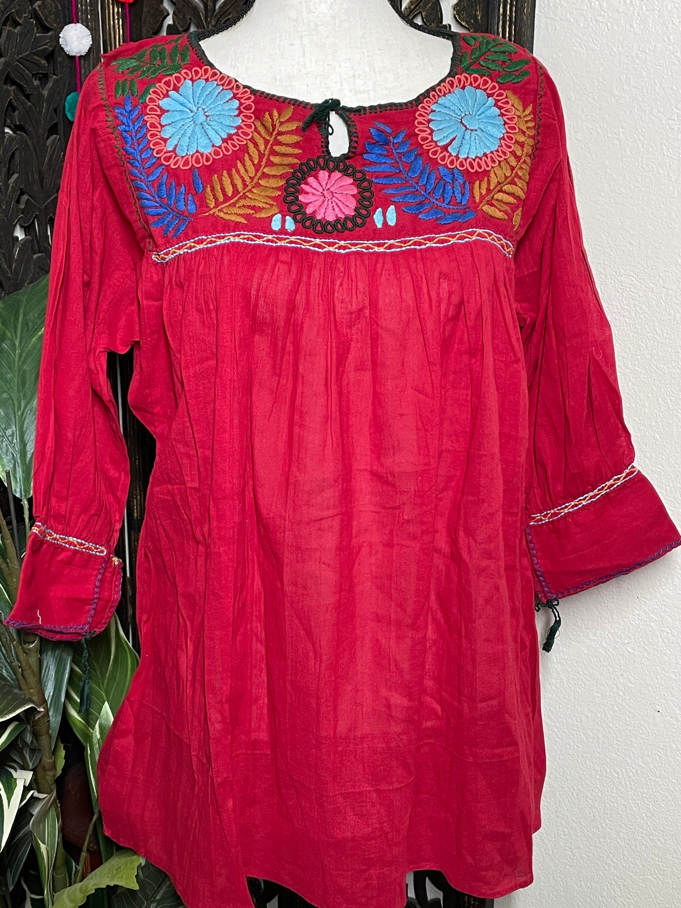 Image of Beautiful Brown Gauze Blouse – Handmade Mexican Top with Colorful Embroidered Flowers