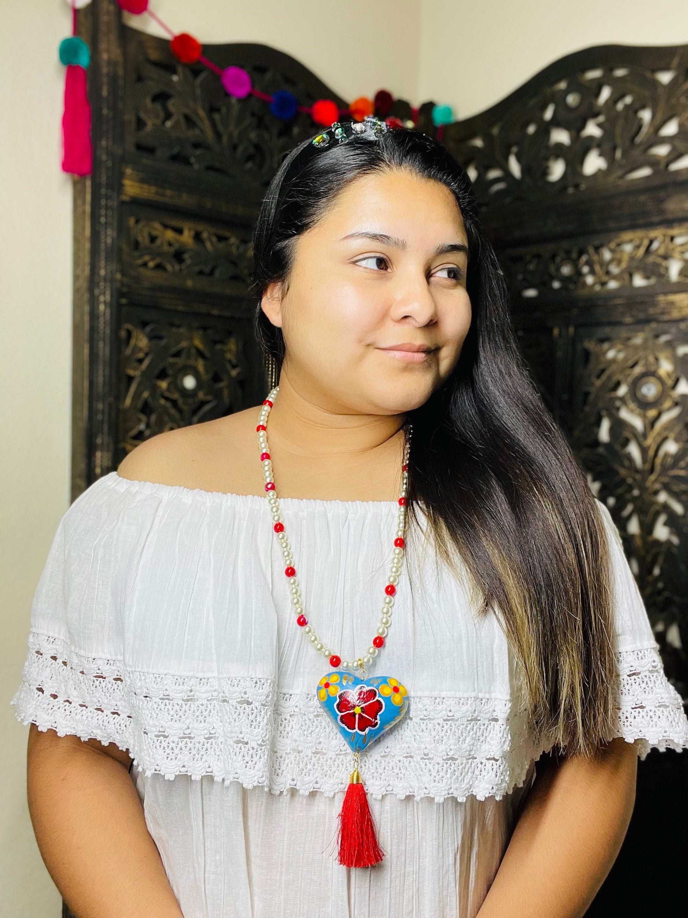 Image of Beautiful Hand Painted Artisanal Necklaces - Mexican Wooden Hearts - Mexican Necklace made by our Oaxaca Artisan Partners