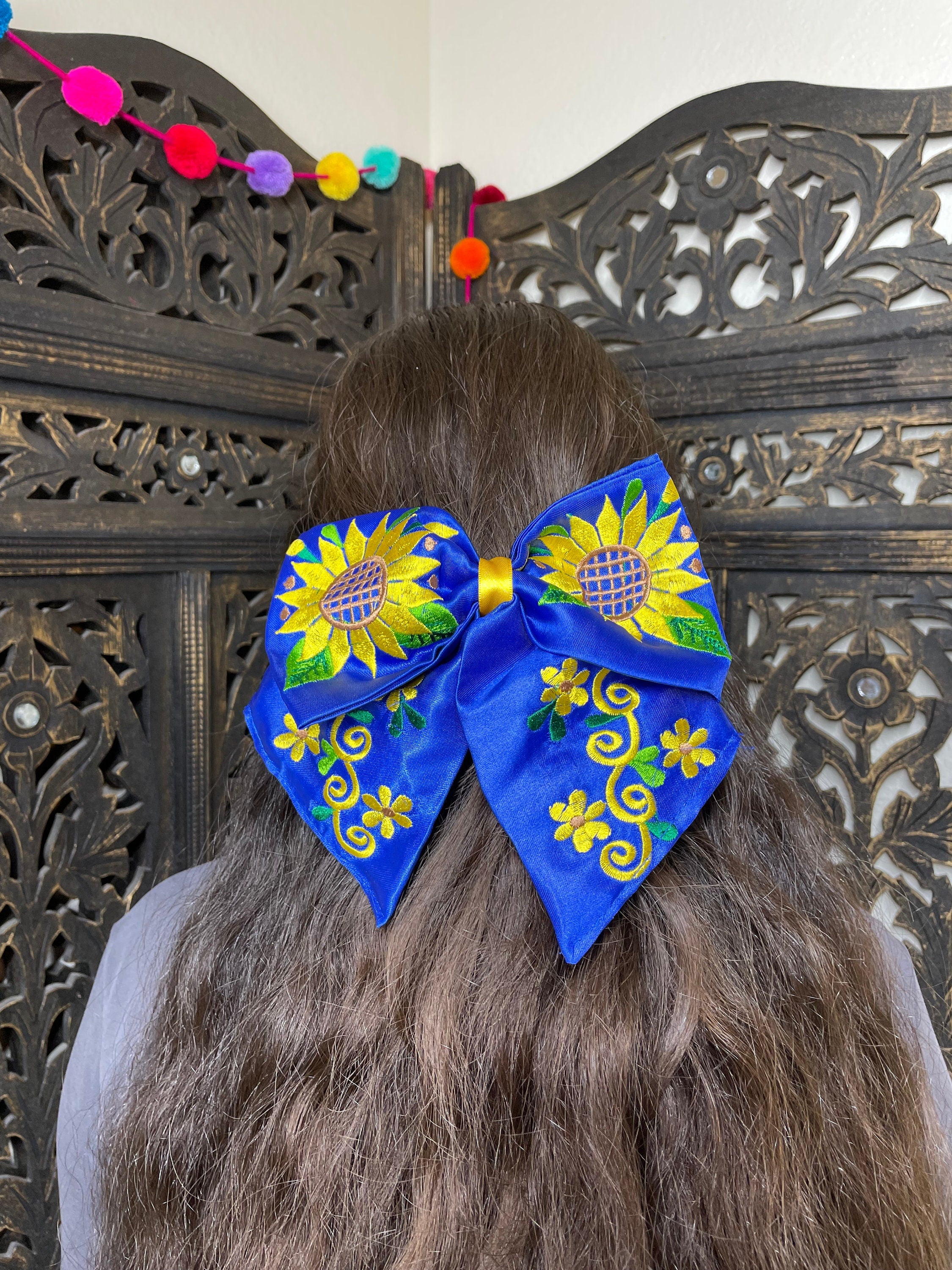 Image of Gorgeous XL Hand Embroidered Mexican Bows - Satin Floral Embroidered Bow