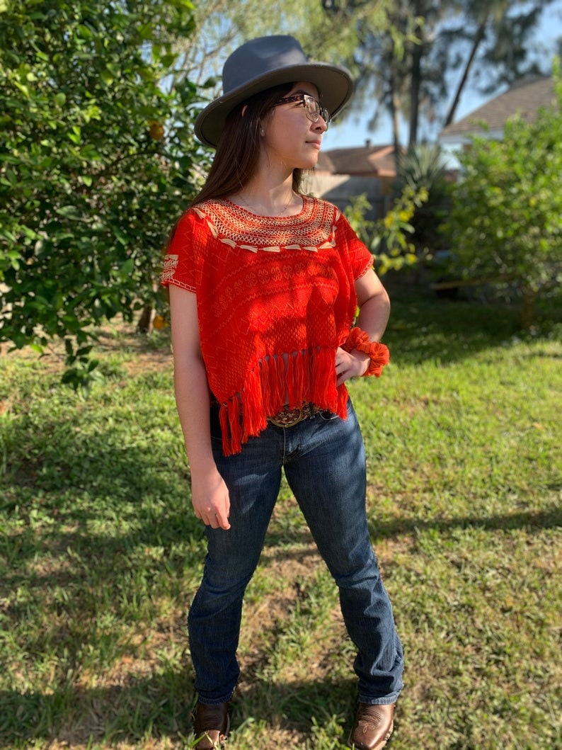 Artisanal Fringe Top - Mexican Fringe Blouse Large Size