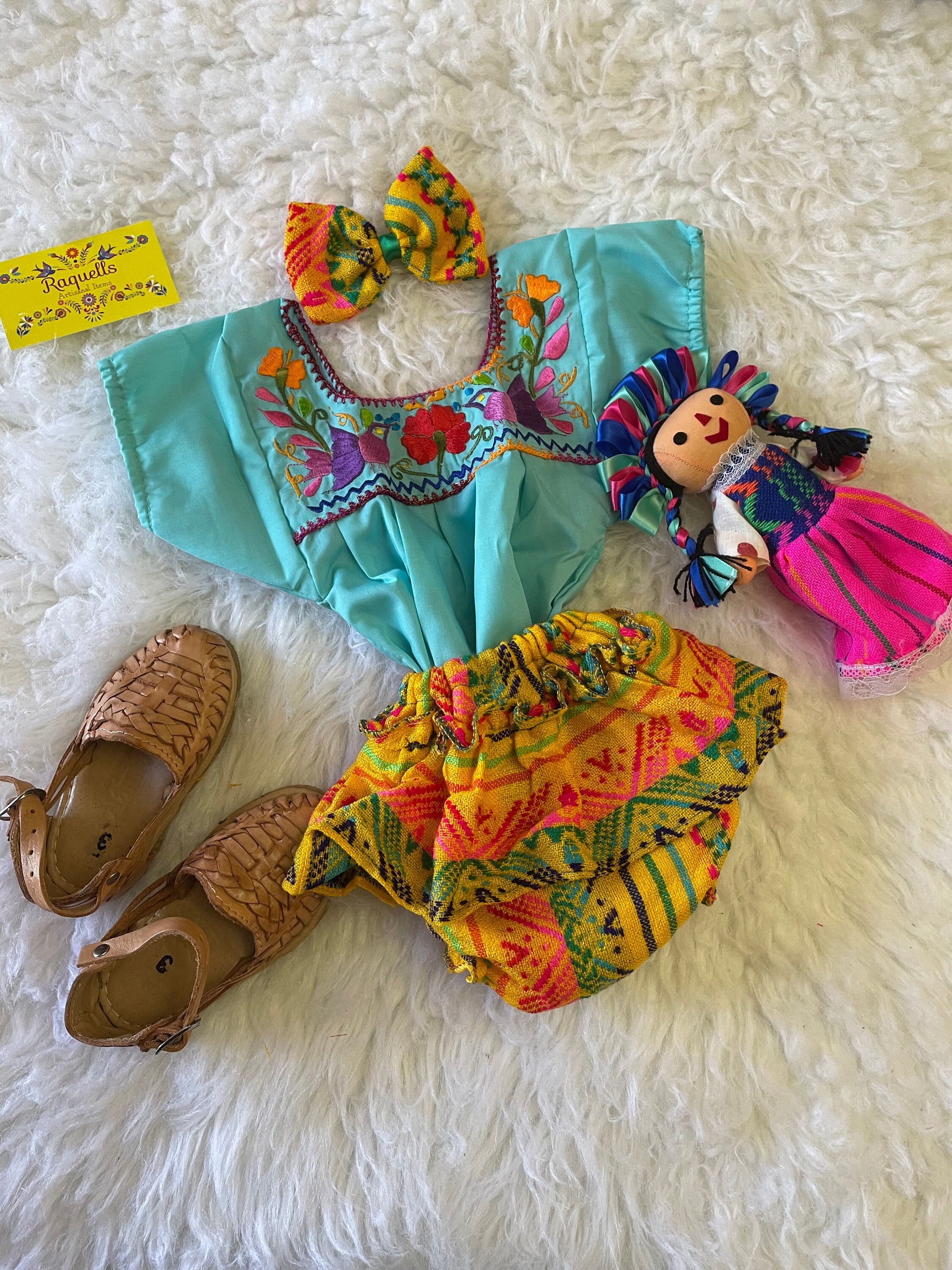 Image of 0-3 Months Baby Sarape Bloomers, 3 piece Outfit w/Hairbow, blouse is included