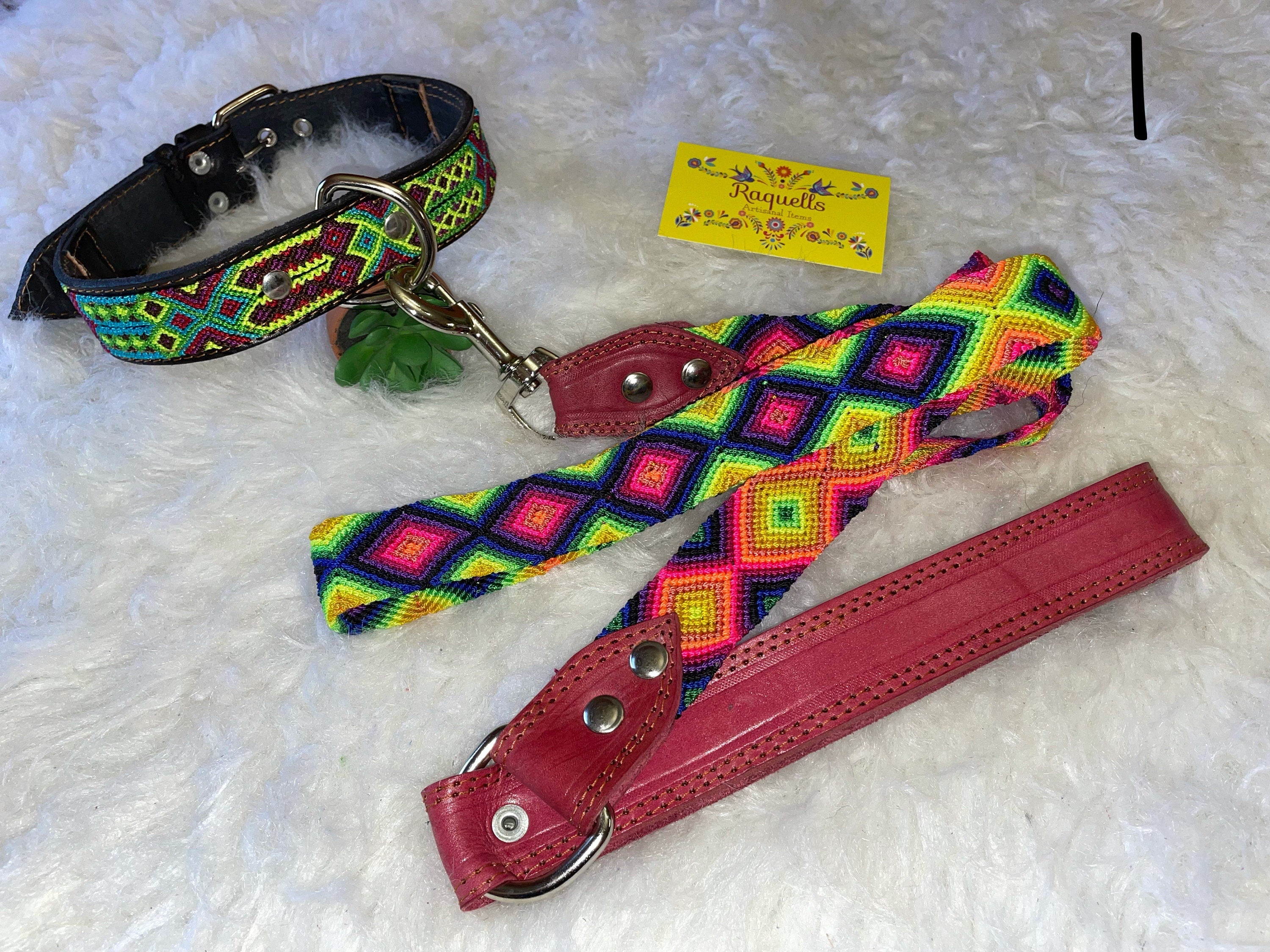 Image of Mexican Handmade Dog Leash and Collar Set - Hand Woven Leather Dog Leashes - Large Breed
