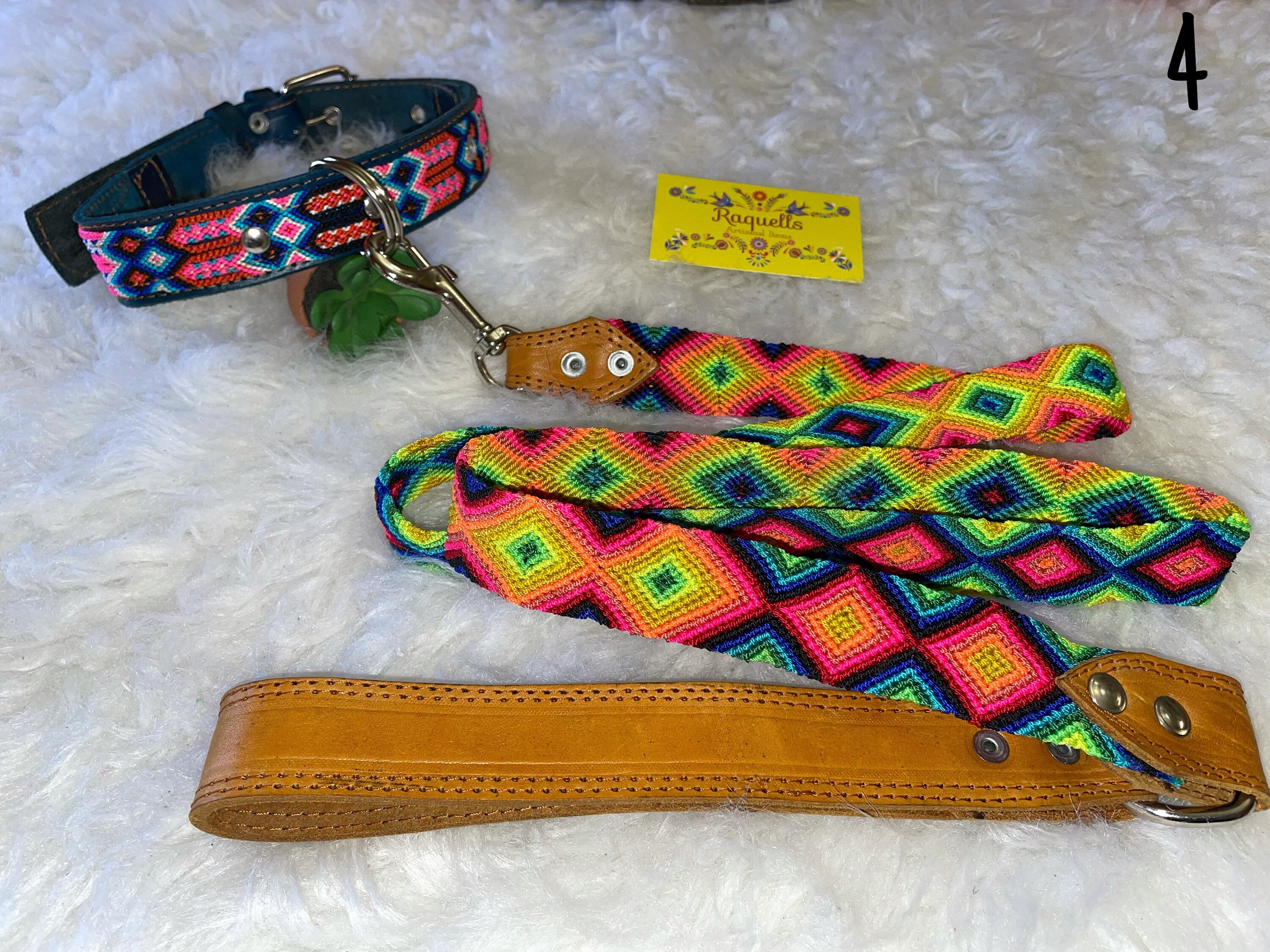 Image of Mexican Handmade Dog Leash and Collar Set - Hand Woven Leather Dog Leashes - Large Breed