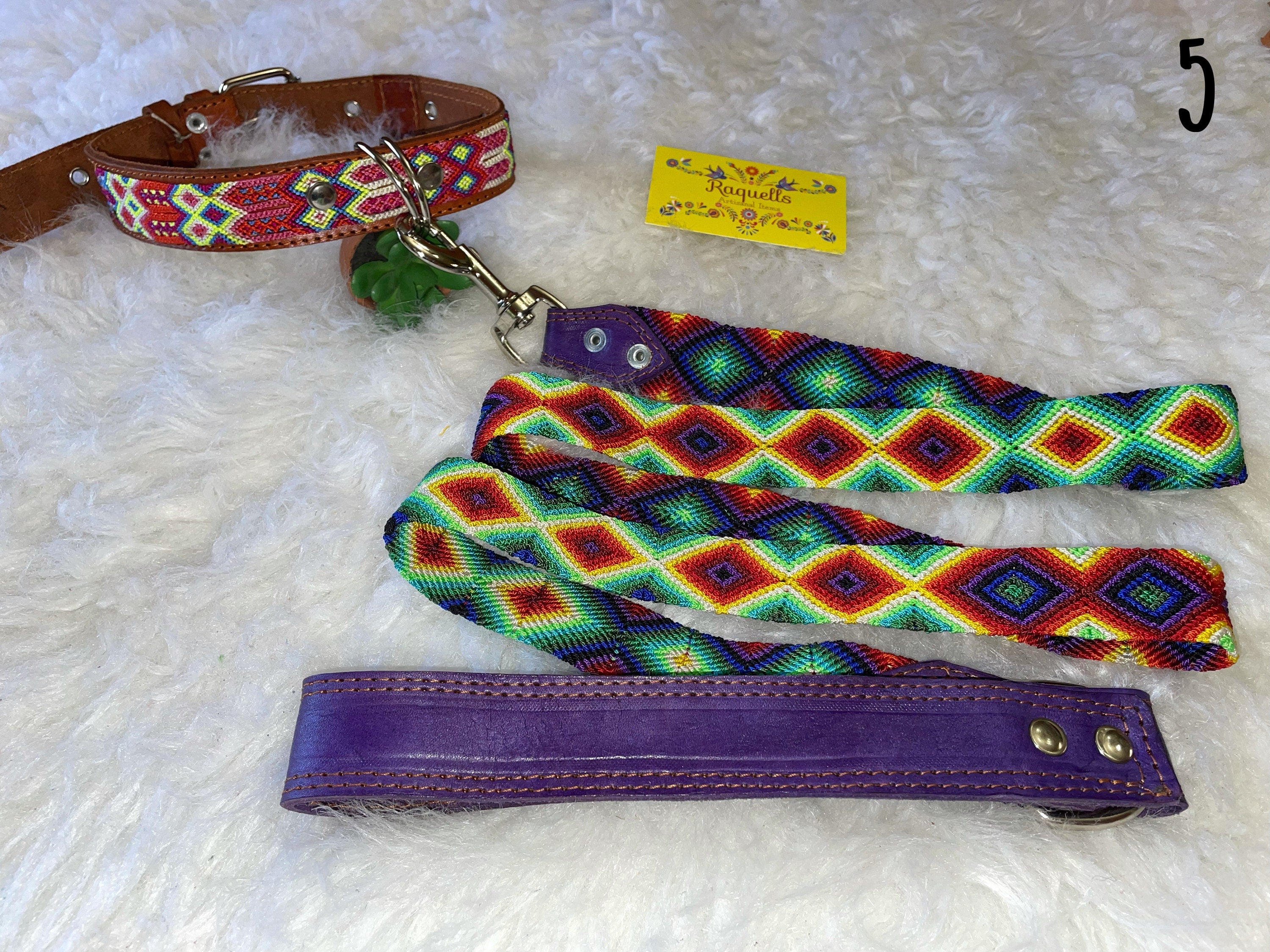 Image of Mexican Handmade Dog Leash and Collar Set - Hand Woven Leather Dog Leashes - Large Breed