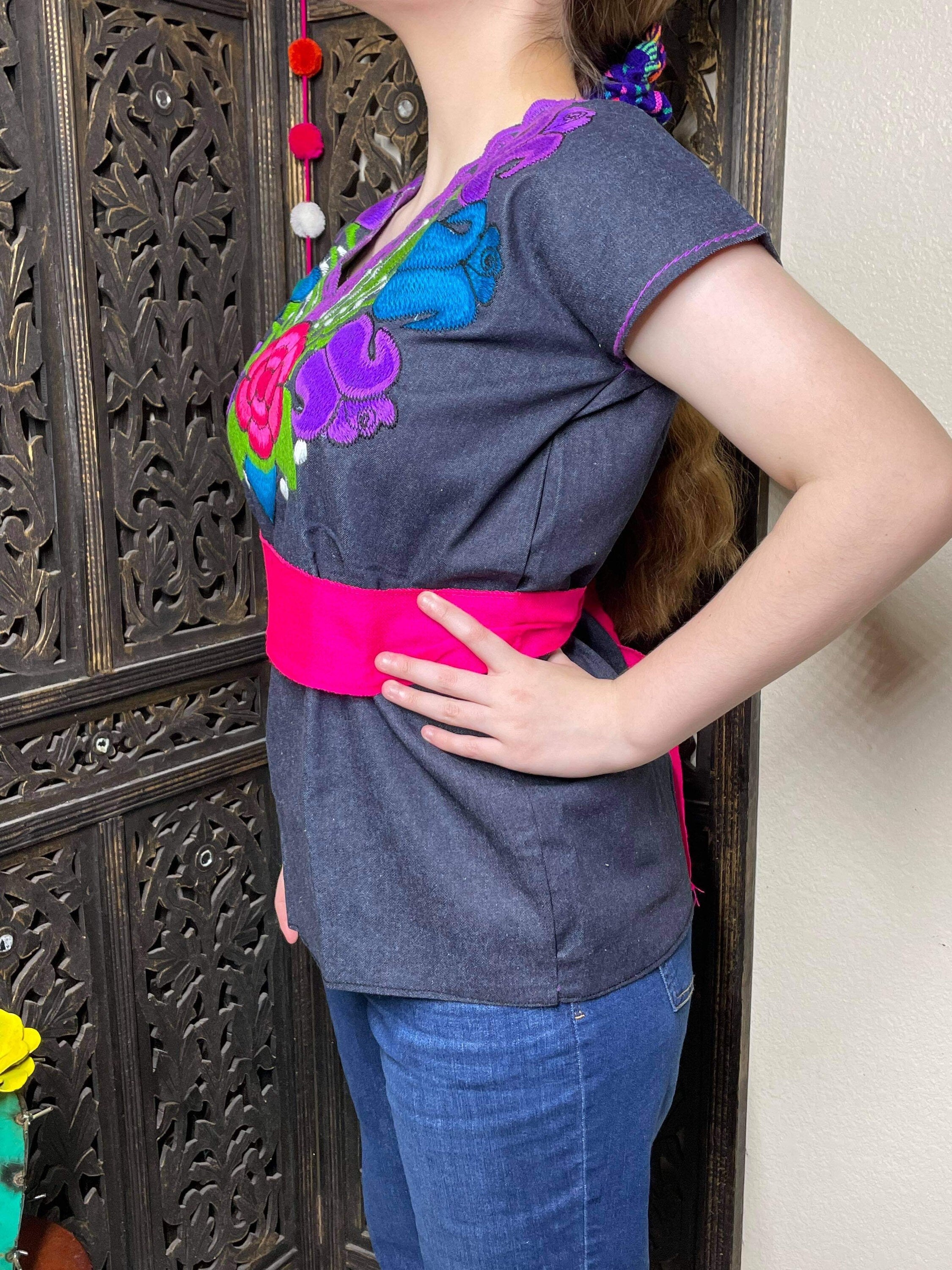 Image of Denim Floral Embroidered Mexican Blouse - Handmade Embroidered Blouse - Denim Blouse