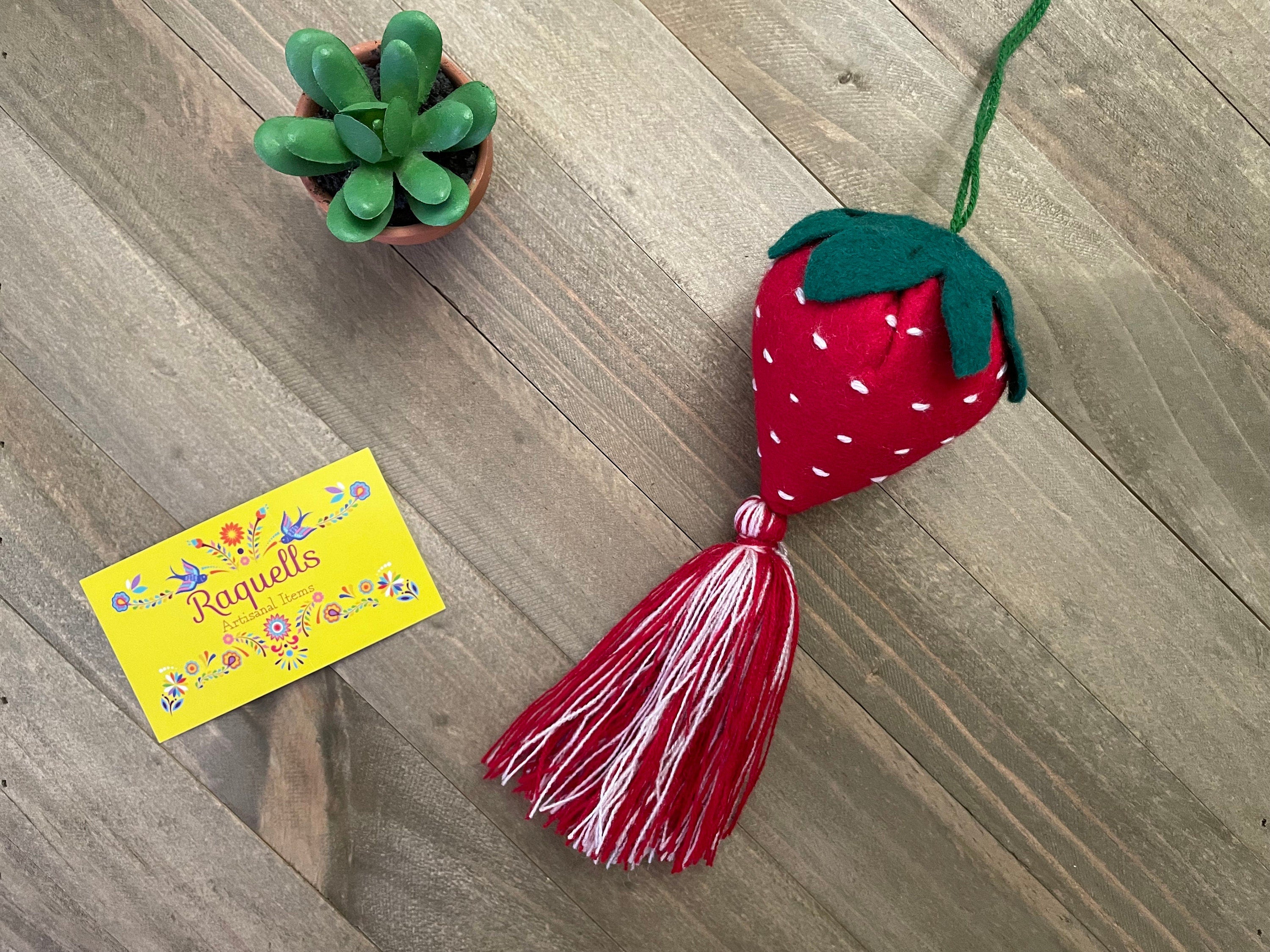 Image of Strawberry Handmade Tassel PomPom - Artisan Made PomPom - Strawberry Decor