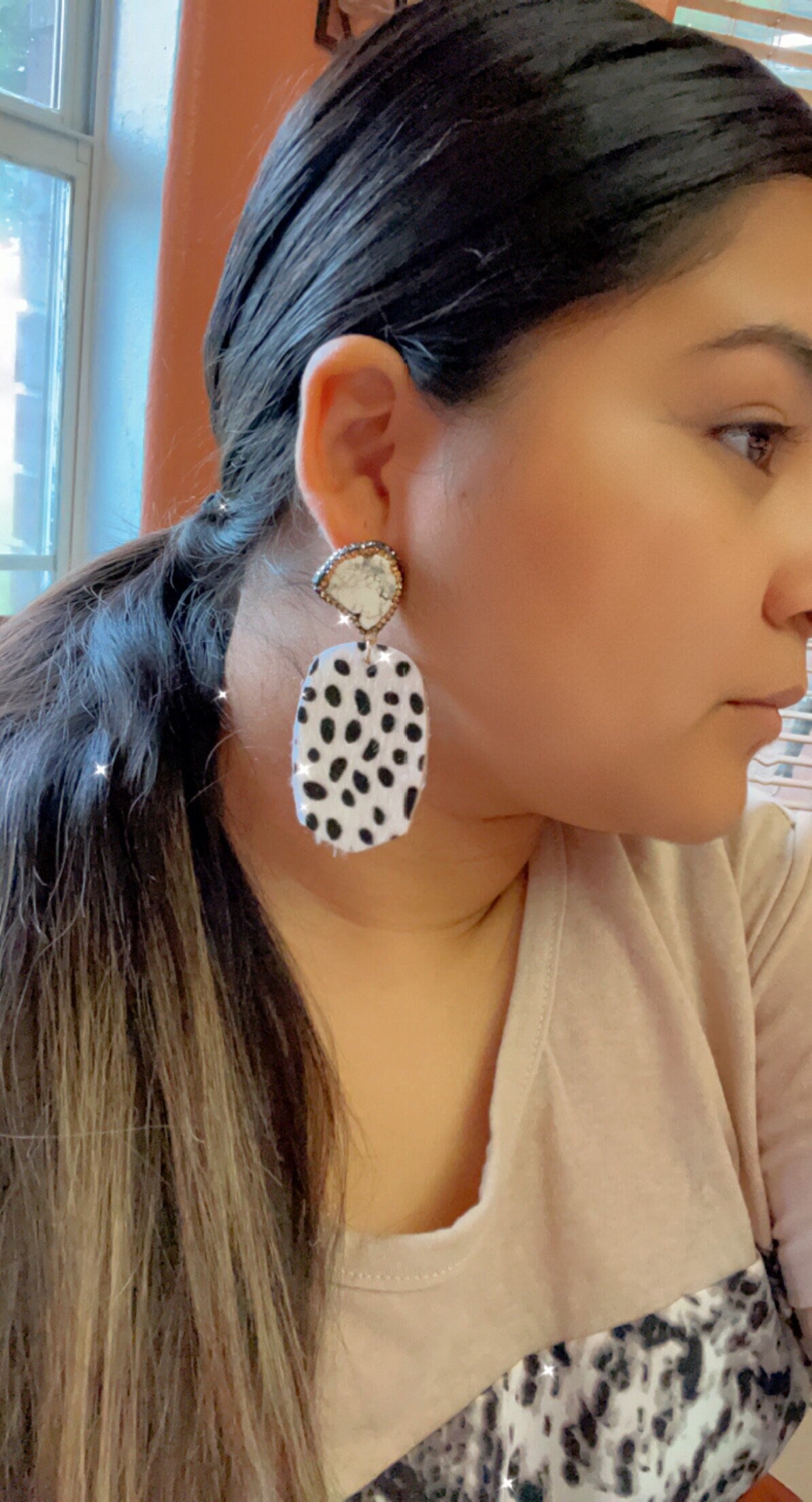 Image of Beautiful Spotted Leather Earrings - Handmade Stone Earrings