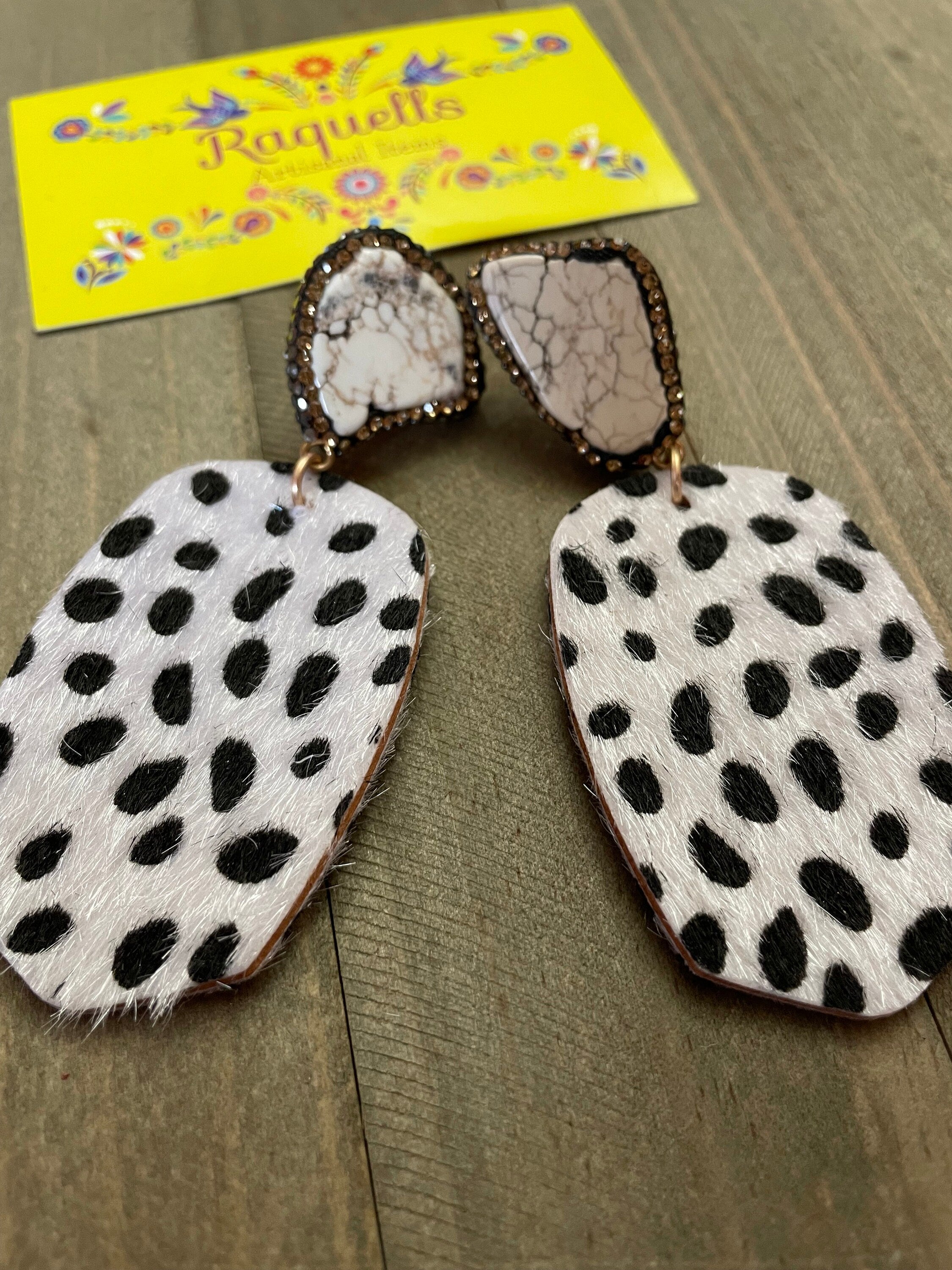 Image of Beautiful Spotted Leather Earrings - Handmade Stone Earrings