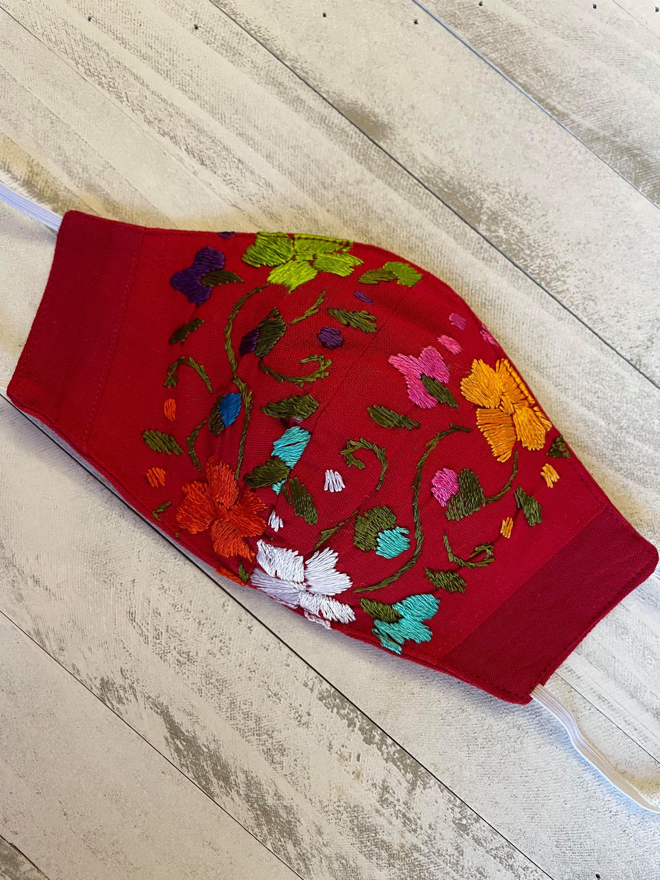 Image of Mexican Simple Embroidered Hot pink color Face Mask - Handmade Artisanal Face Masks