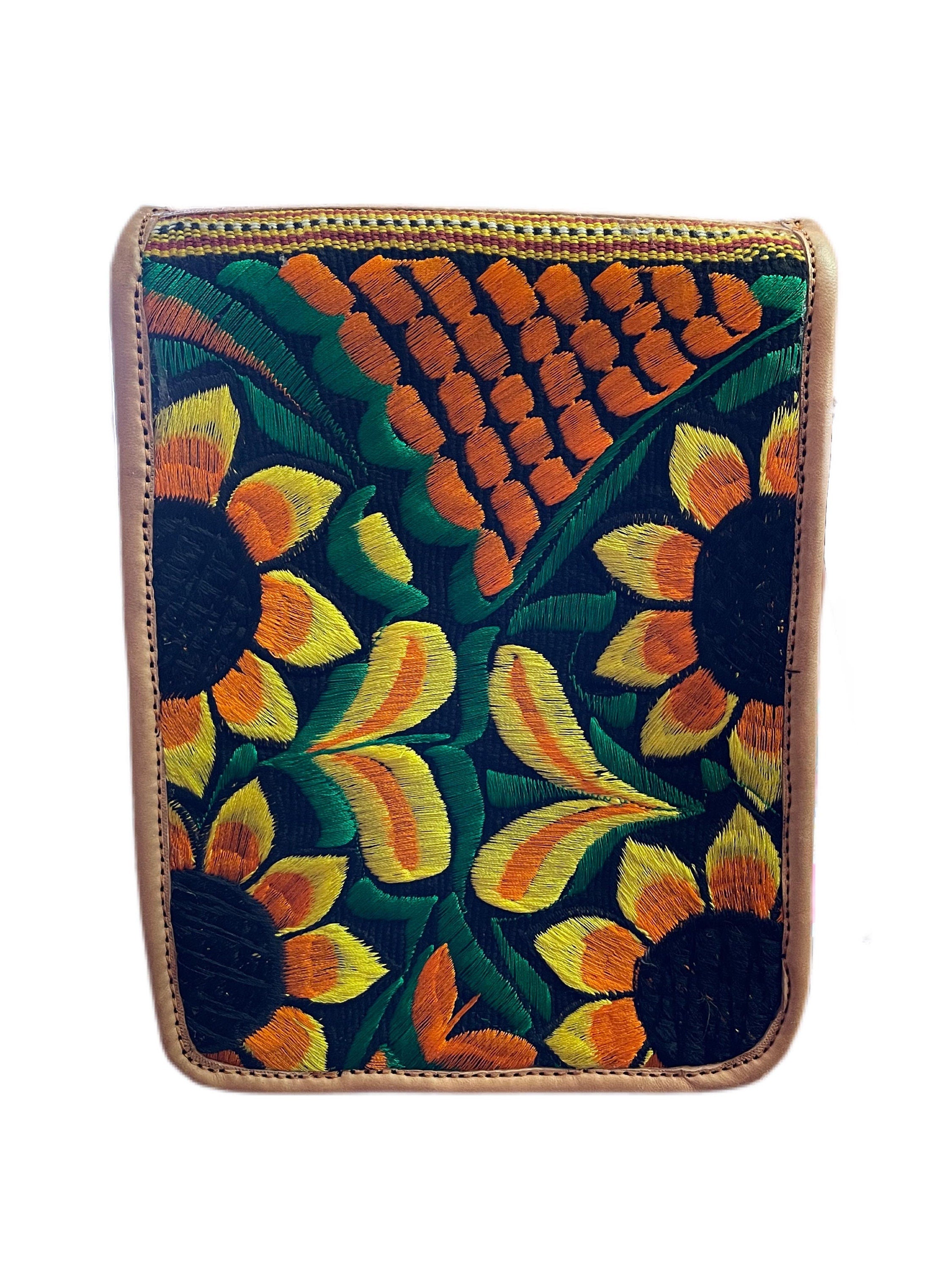 Embroidered Genuine Leather Bag - Handmade Sunflower Side Bag