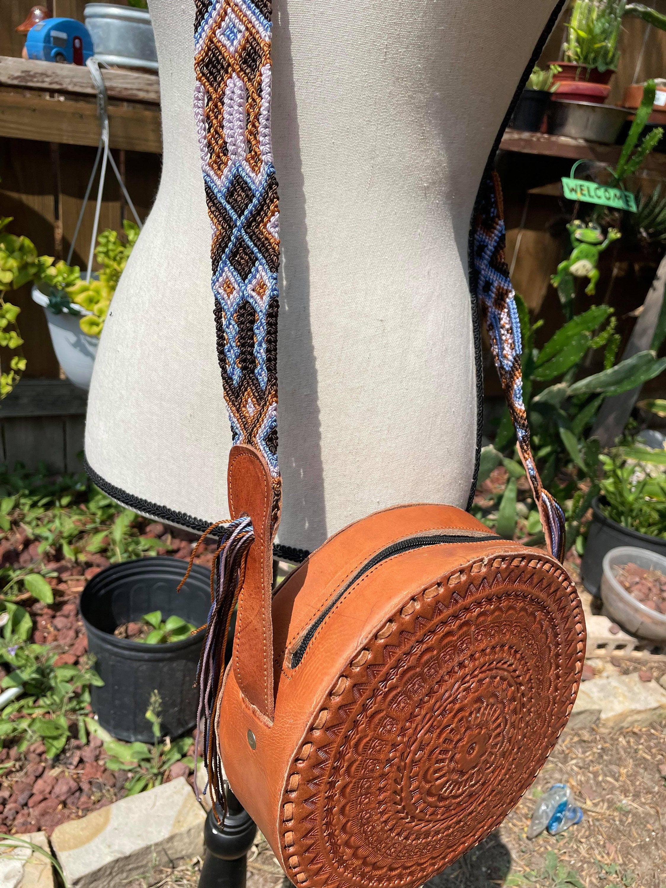 Image of Handmade Round Leather Crossbody Purses - Embroidered Genuine Leather Bag - Boho Leather Purse