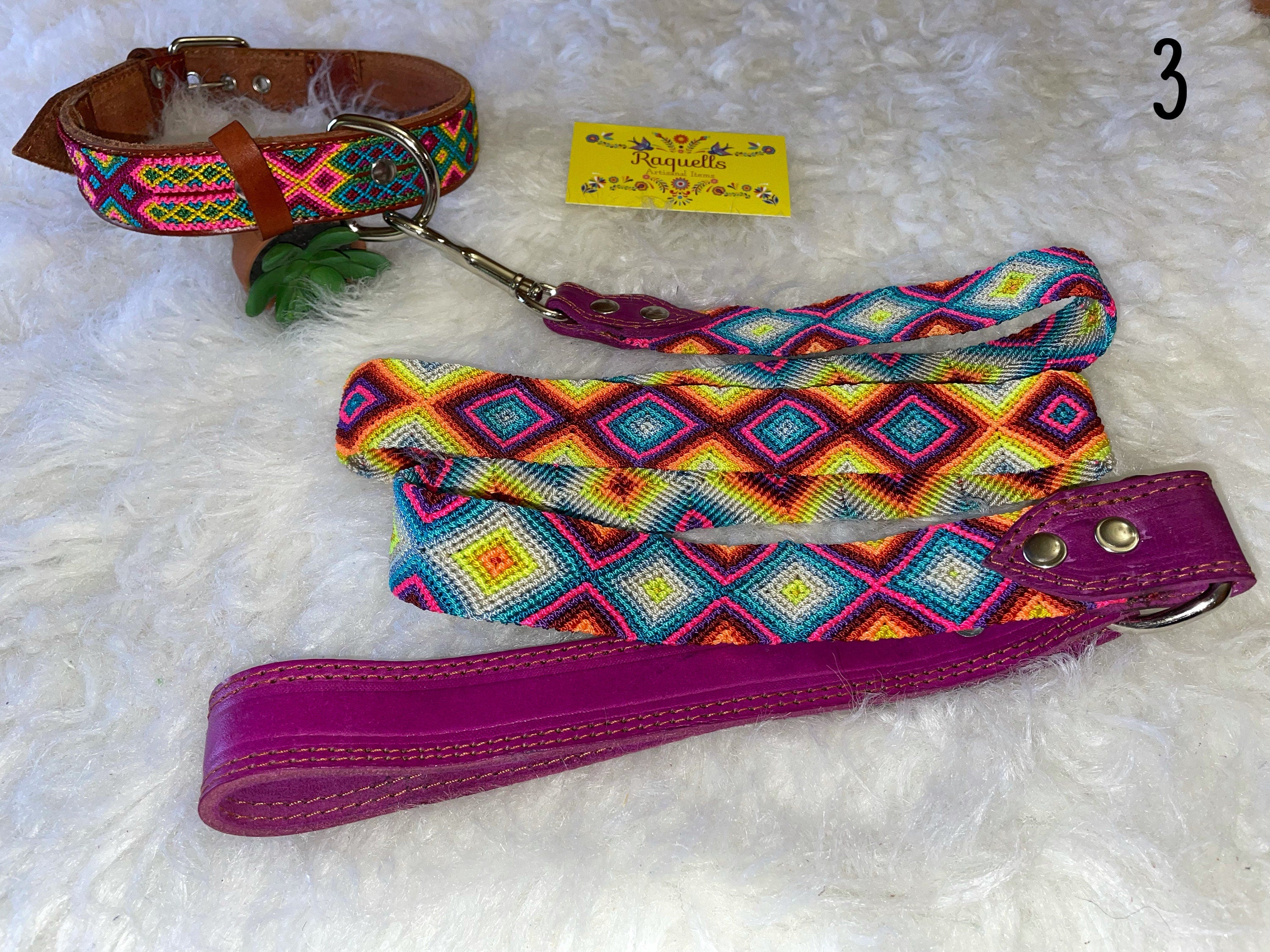 Mexican Handmade Dog Leash and Collar Set - Hand Woven Leather Dog Leashes - Large Breed