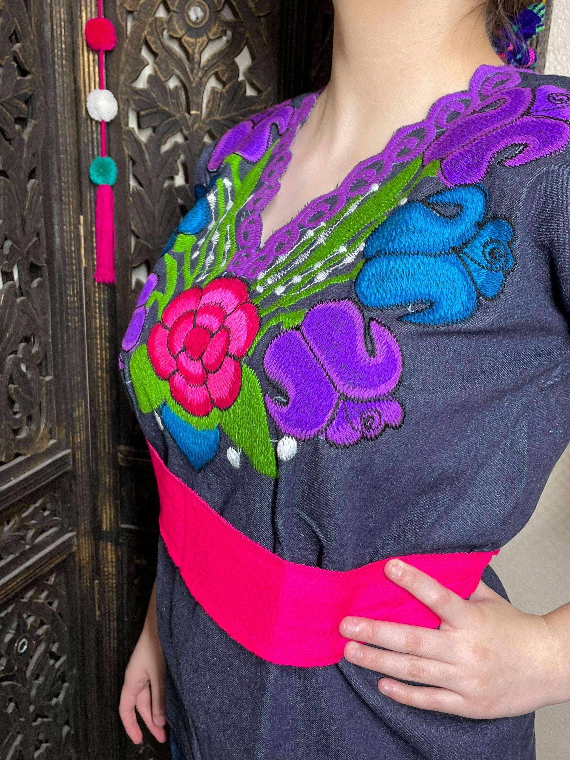 Image of Denim Floral Embroidered Mexican Blouse - Handmade Embroidered Blouse - Denim Blouse