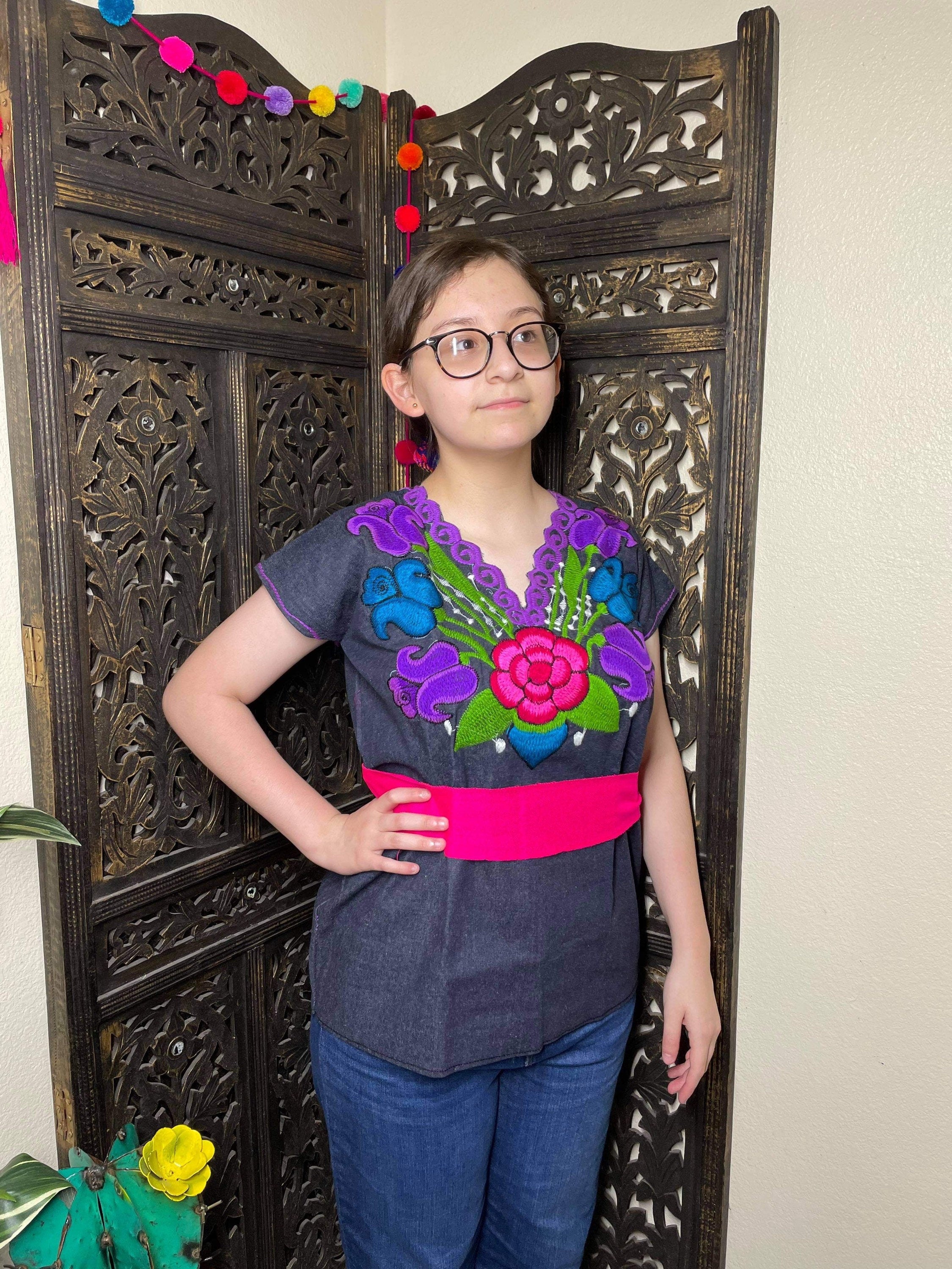 Denim Floral Embroidered Mexican Blouse - Handmade Embroidered Blouse - Denim Blouse