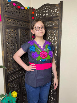 Image of Denim Floral Embroidered Mexican Blouse - Handmade Embroidered Blouse - Denim Blouse