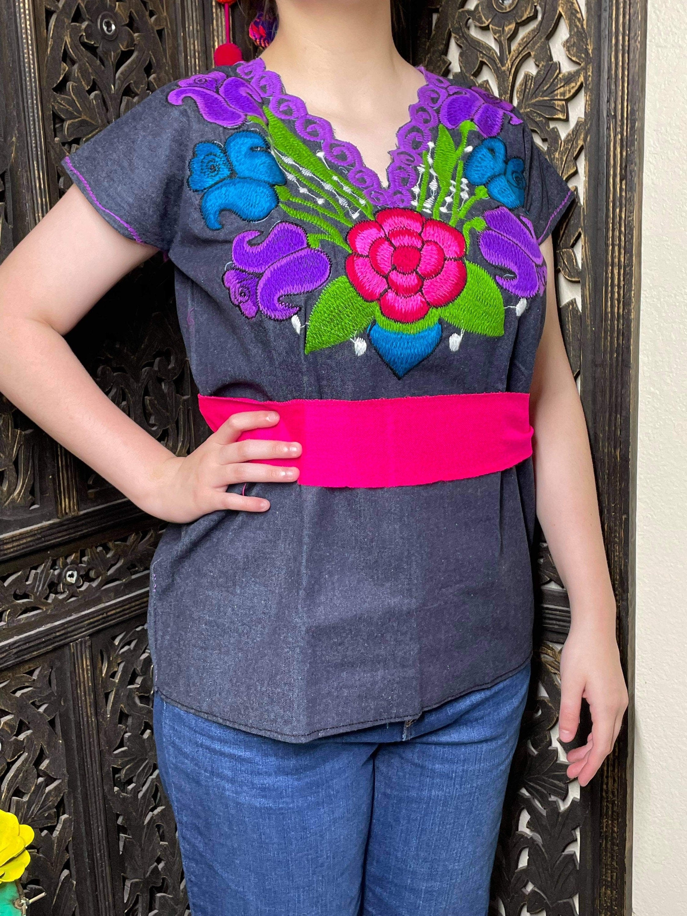 Image of Denim Floral Embroidered Mexican Blouse - Handmade Embroidered Blouse - Denim Blouse